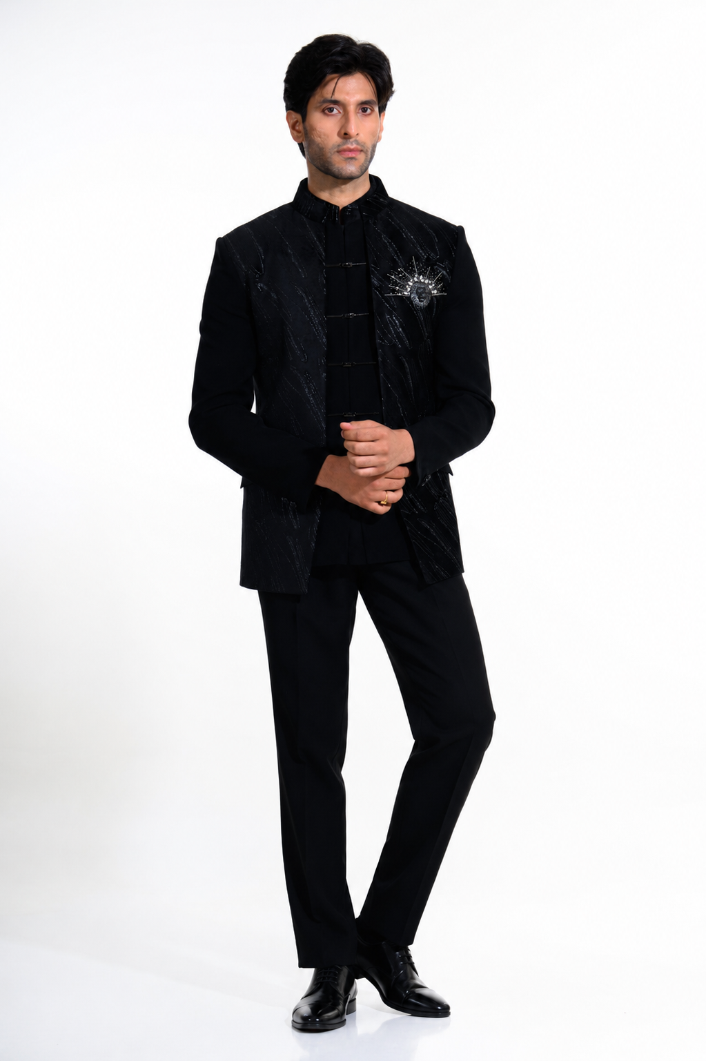 Midnight Black Layered Bandhgala Set