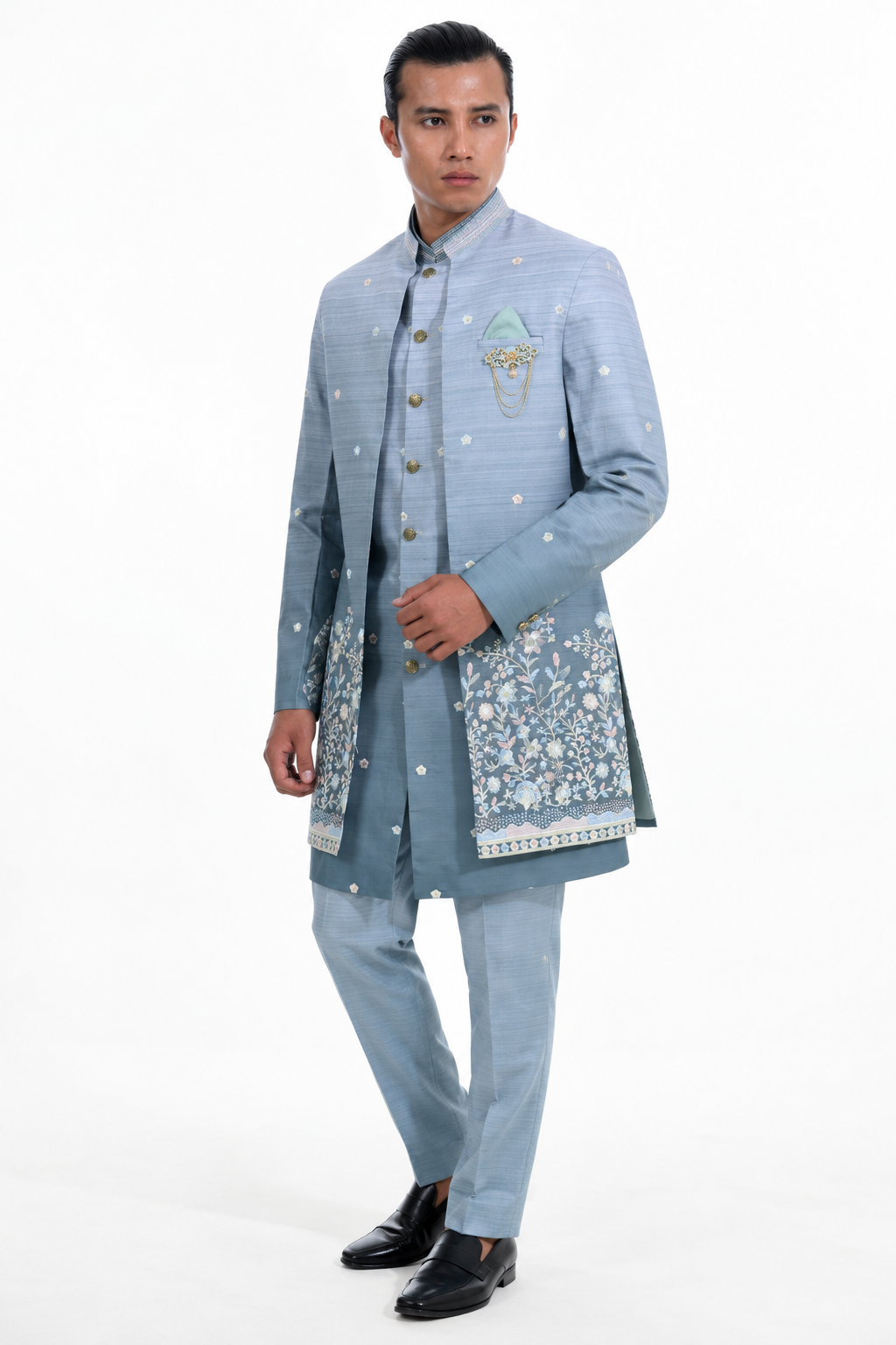 Aqua Floral Embroidered Indo Jacket Set