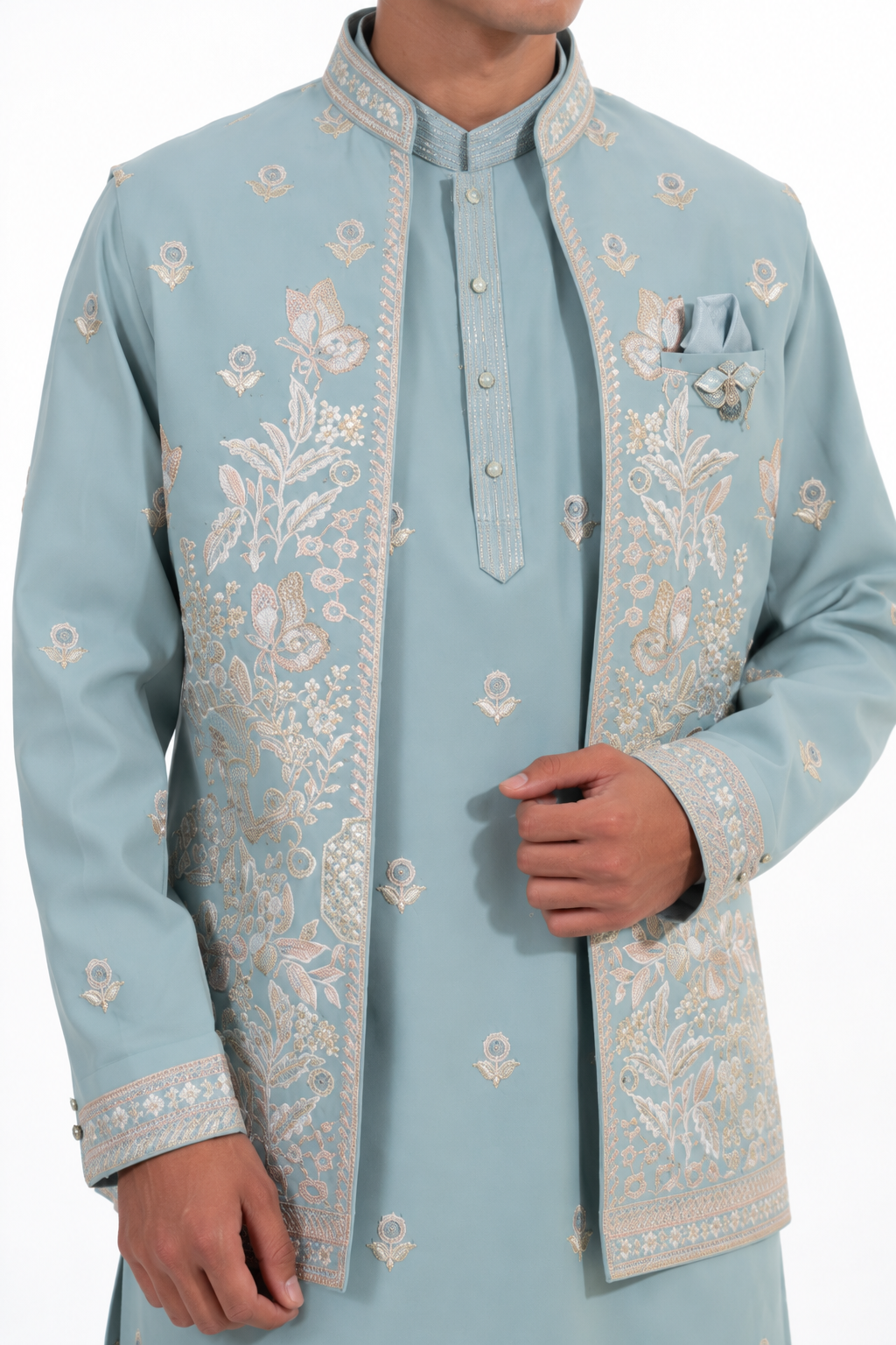 Powder Blue Floral Embroidered Indo Western Set