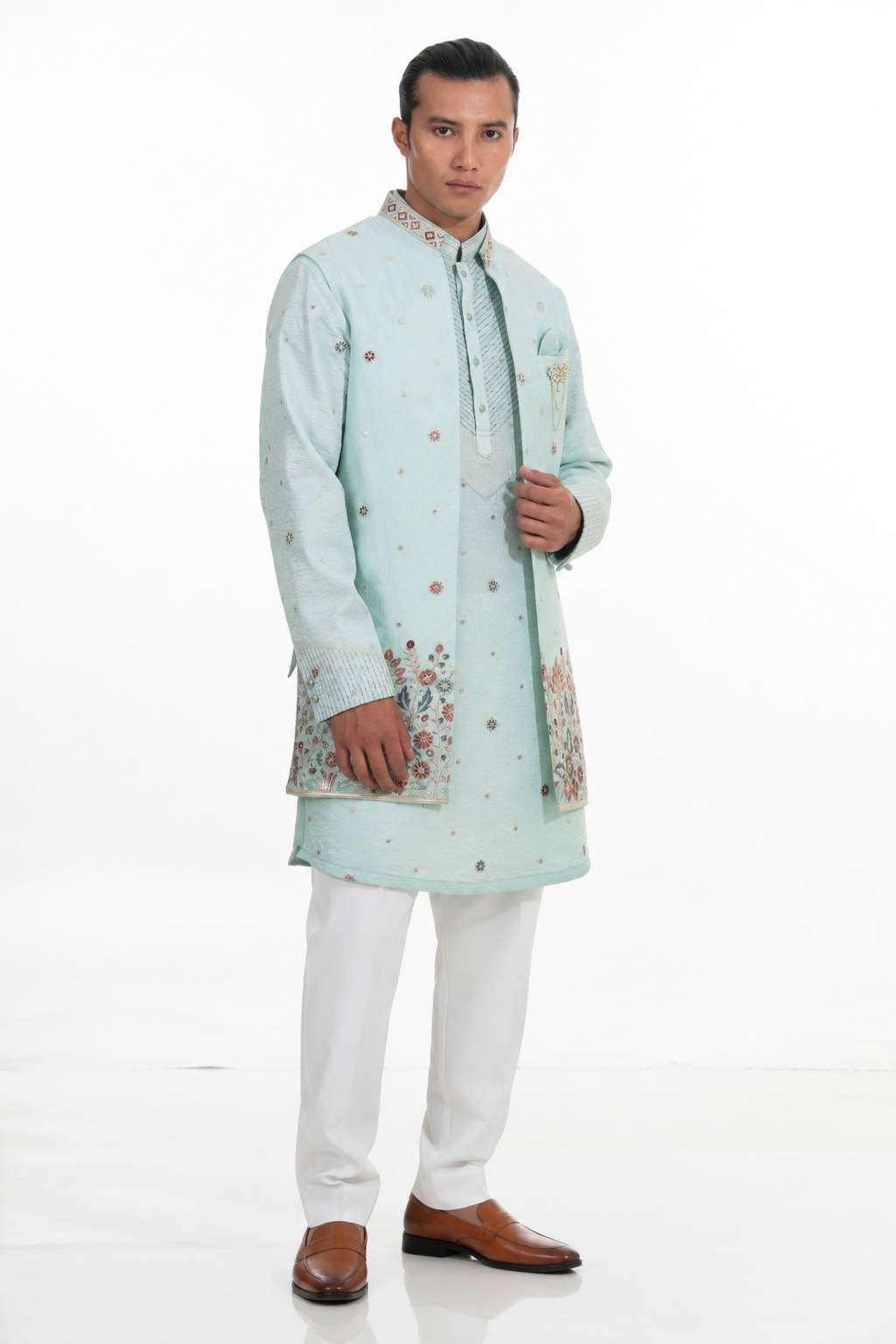 Mint Blue Floral Embroidered Indo Western Set