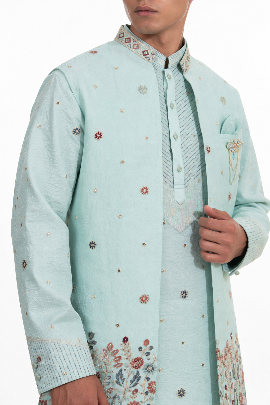 Mint Blue Floral Embroidered Indo Western Set