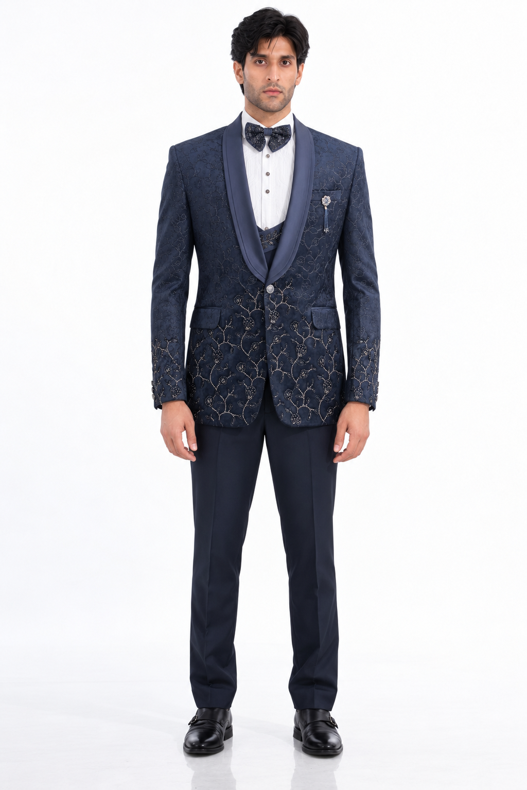 Blue Embroidered Tuxedo Suit