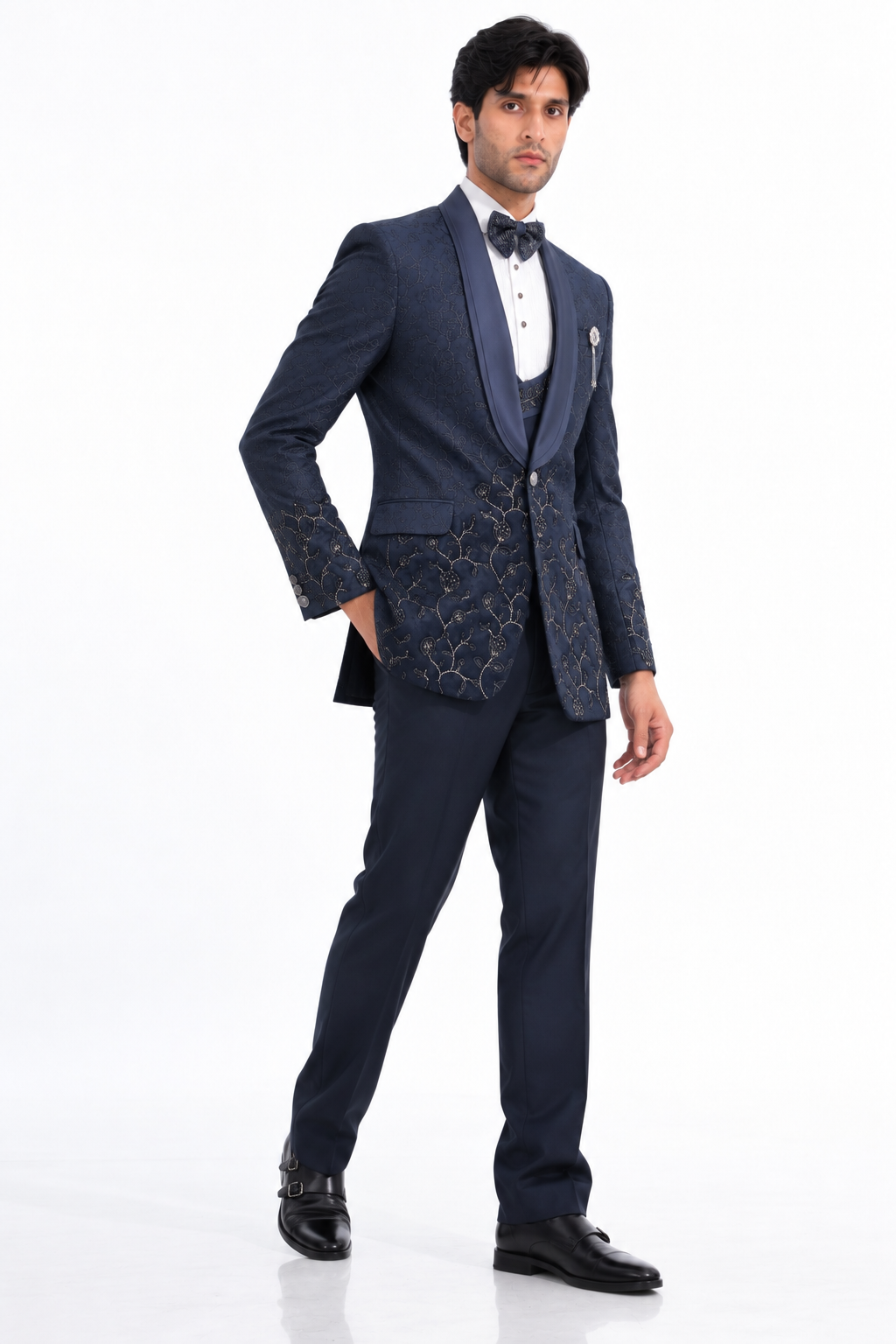 Blue Embroidered Tuxedo Suit