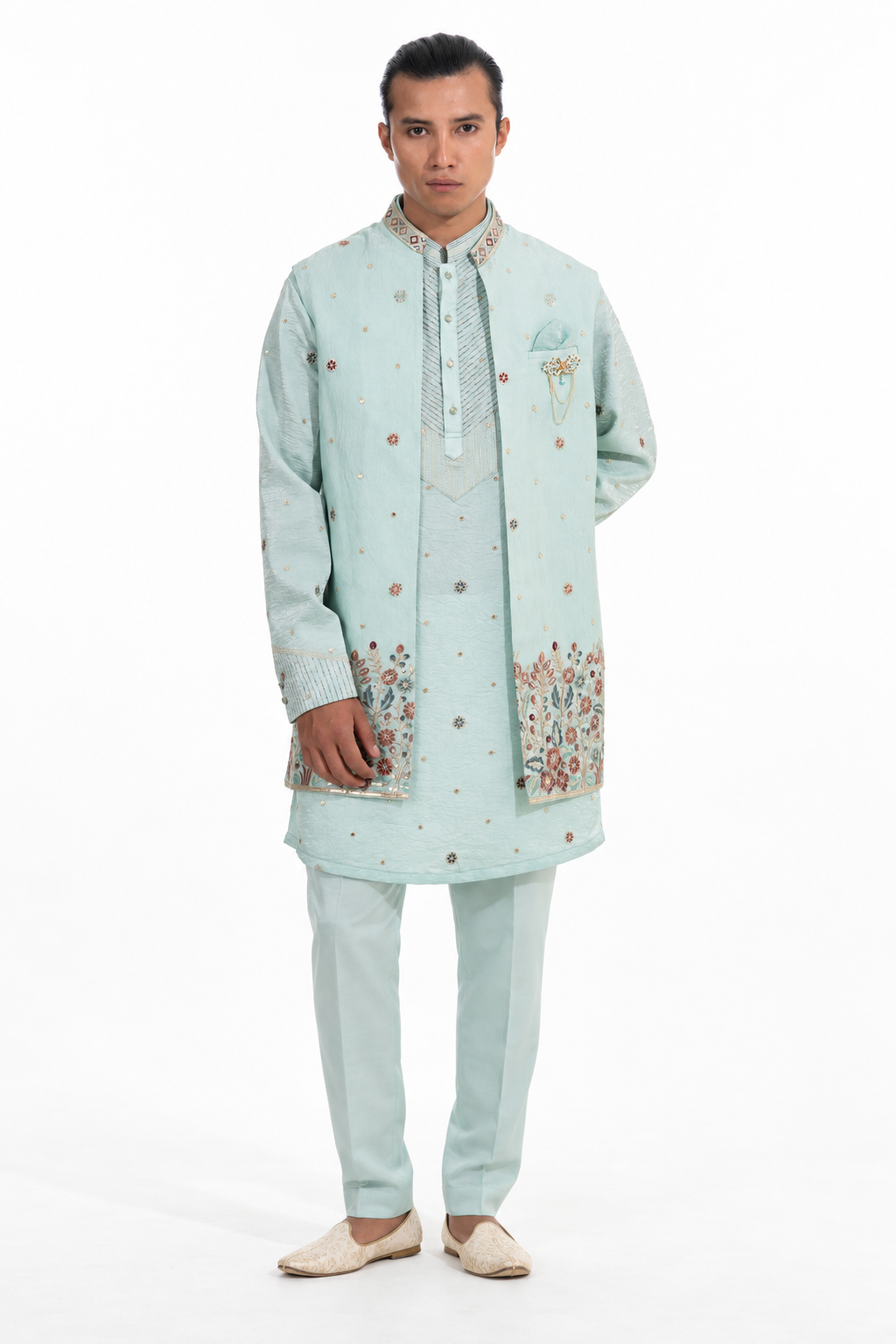 Mint Blue Floral Embroidered Indo Western Set
