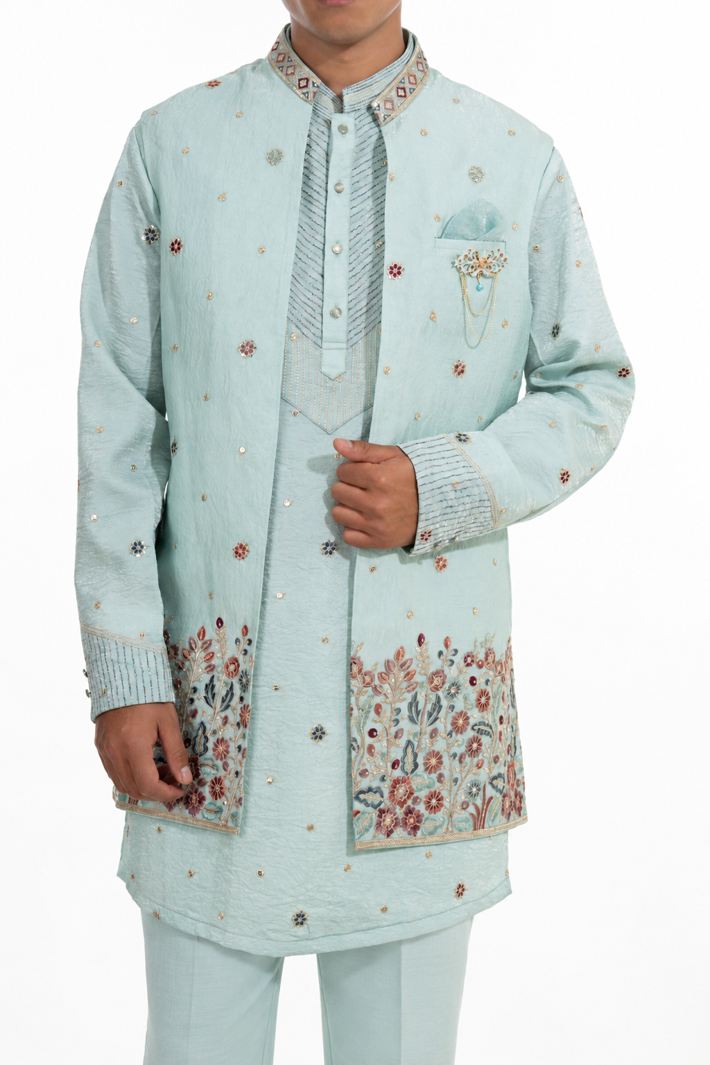 Mint Blue Floral Embroidered Indo Western Set