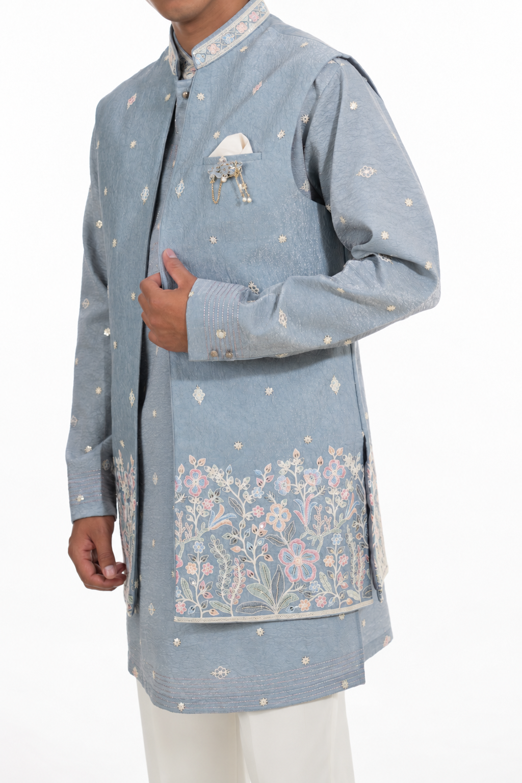 Grey Floral Embroidered Indo Western Set