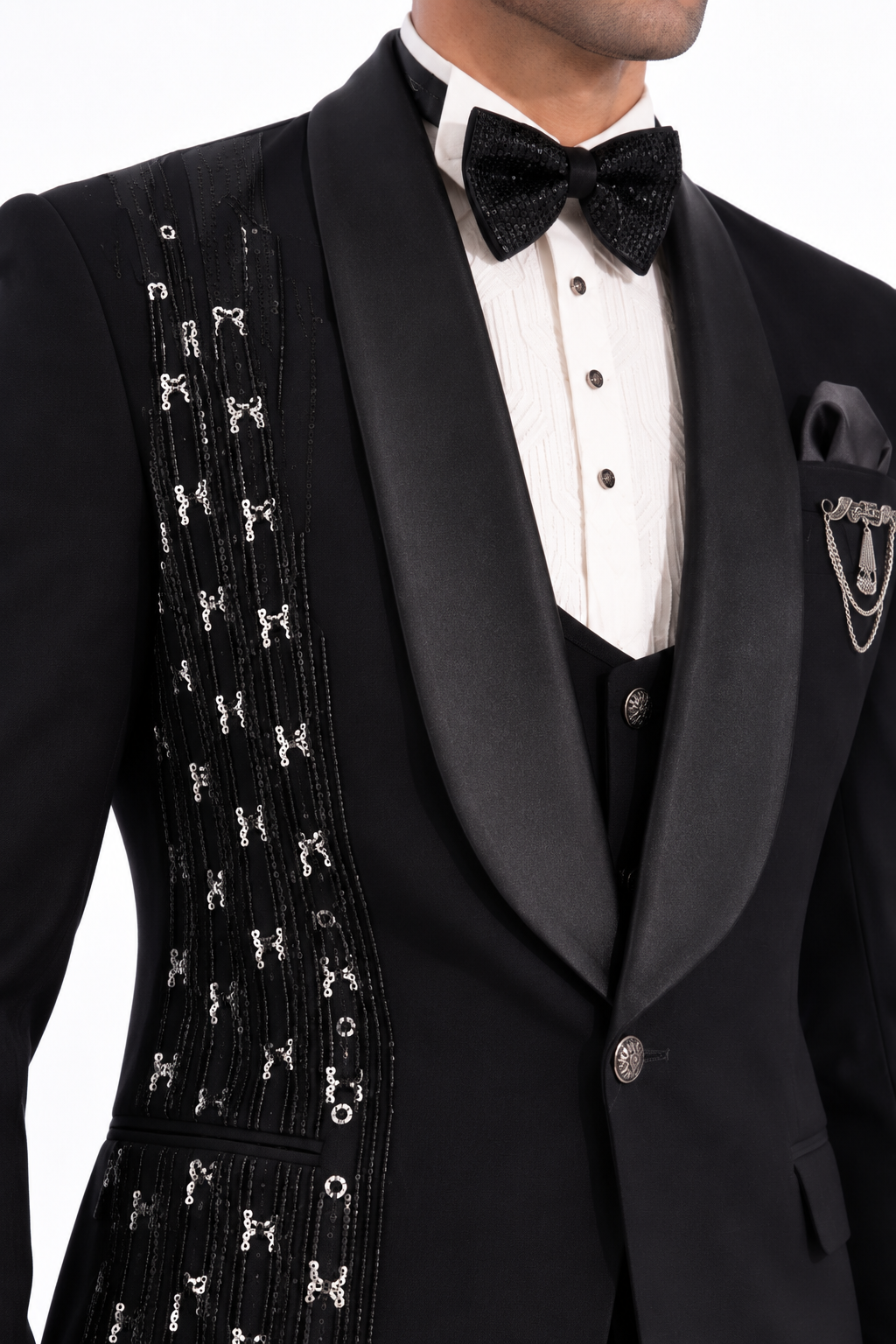 Black Embellished Shawl-Lapel Tuxedo