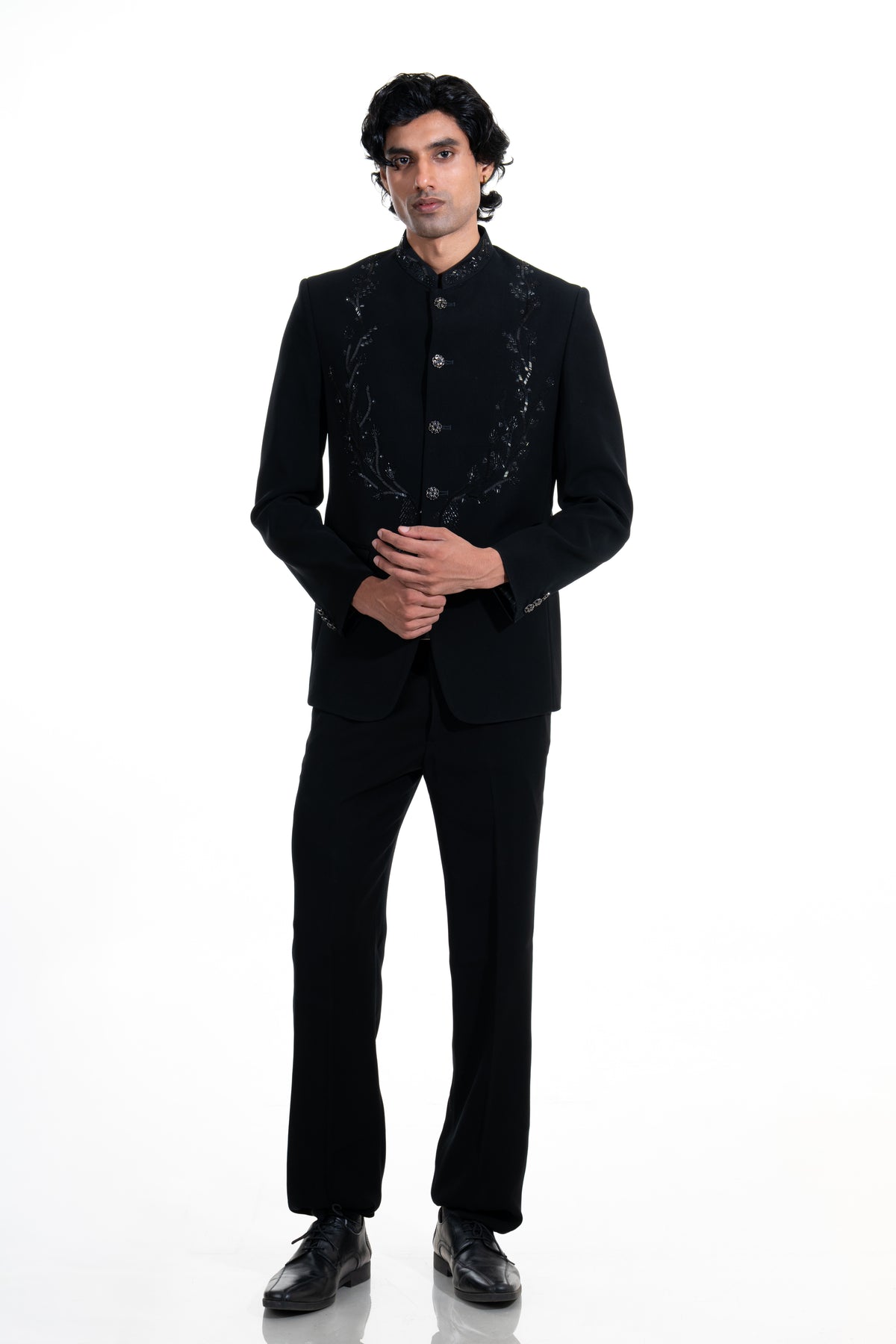 Midnight Black Tonal Embroidered Bandhgala Suit