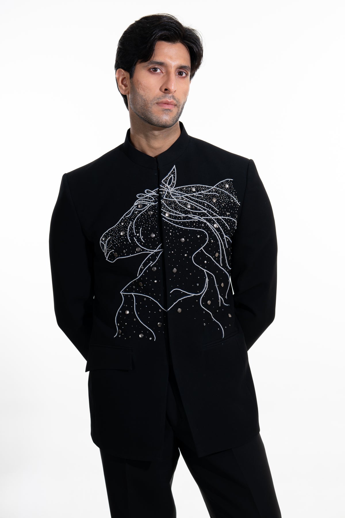 Midnight Black Stallion Embroidered Bandhgala Suit