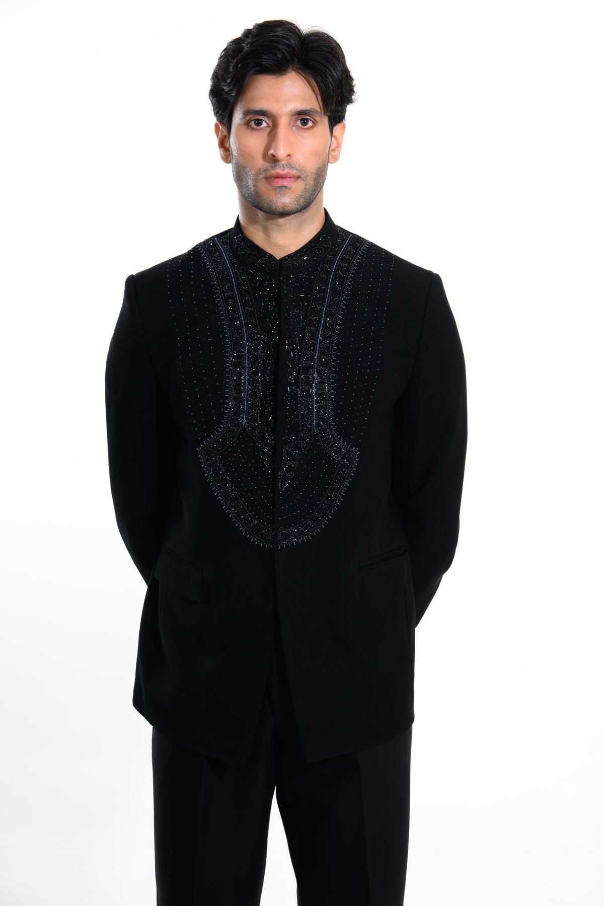 Midnight Black Tonal Embellished Bandhgala Suit