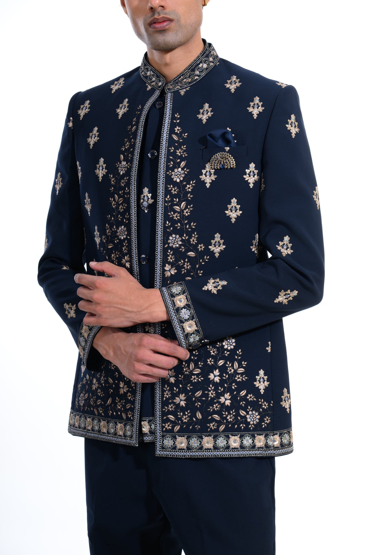 Midnight Blue Embroidered Layered Bandhgala Set