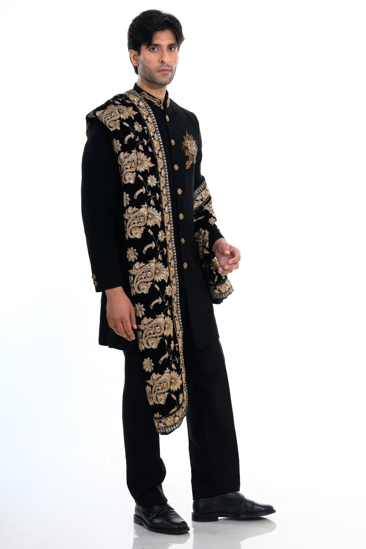 Midnight Black Embroidered Indo Western Set with Heritage Stole