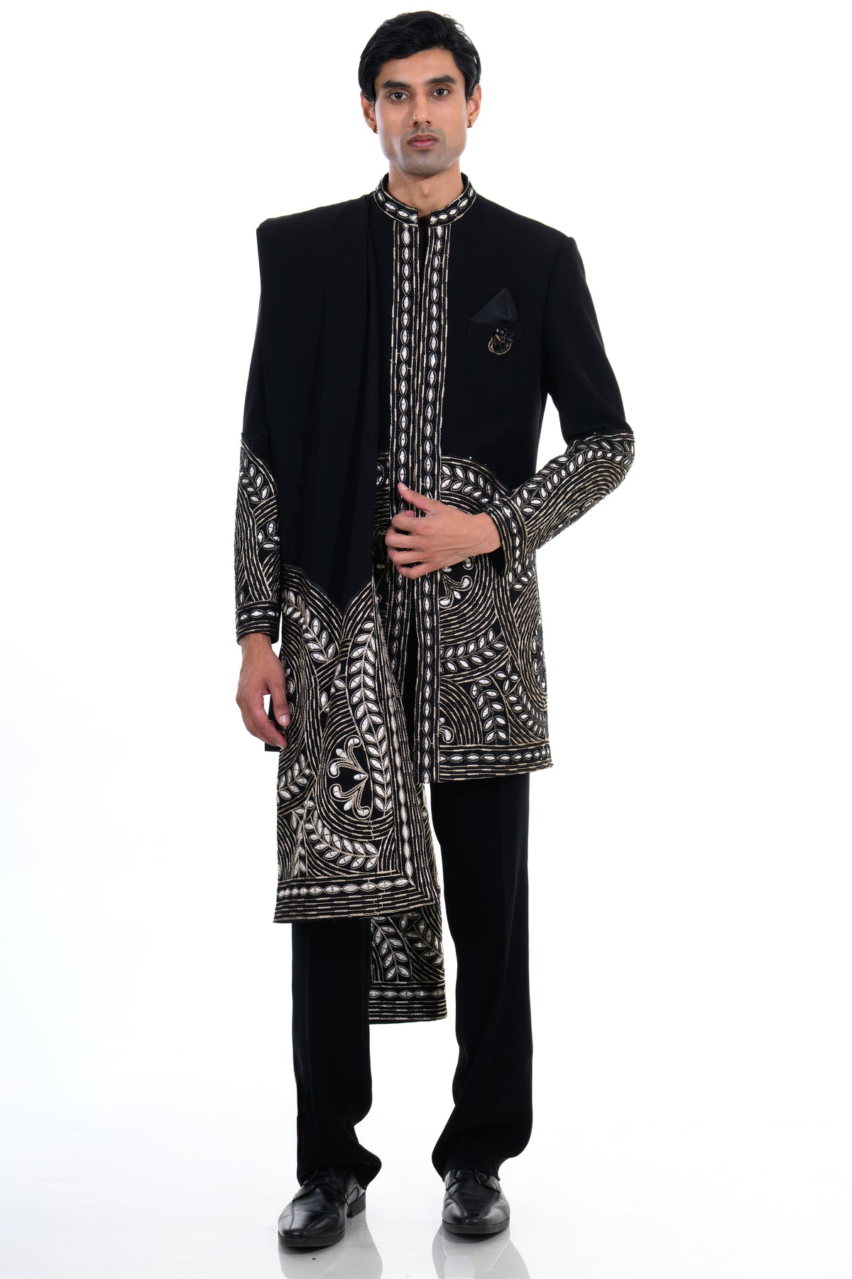 Midnight Black Embroidered Indo Western Set with Statement Stole