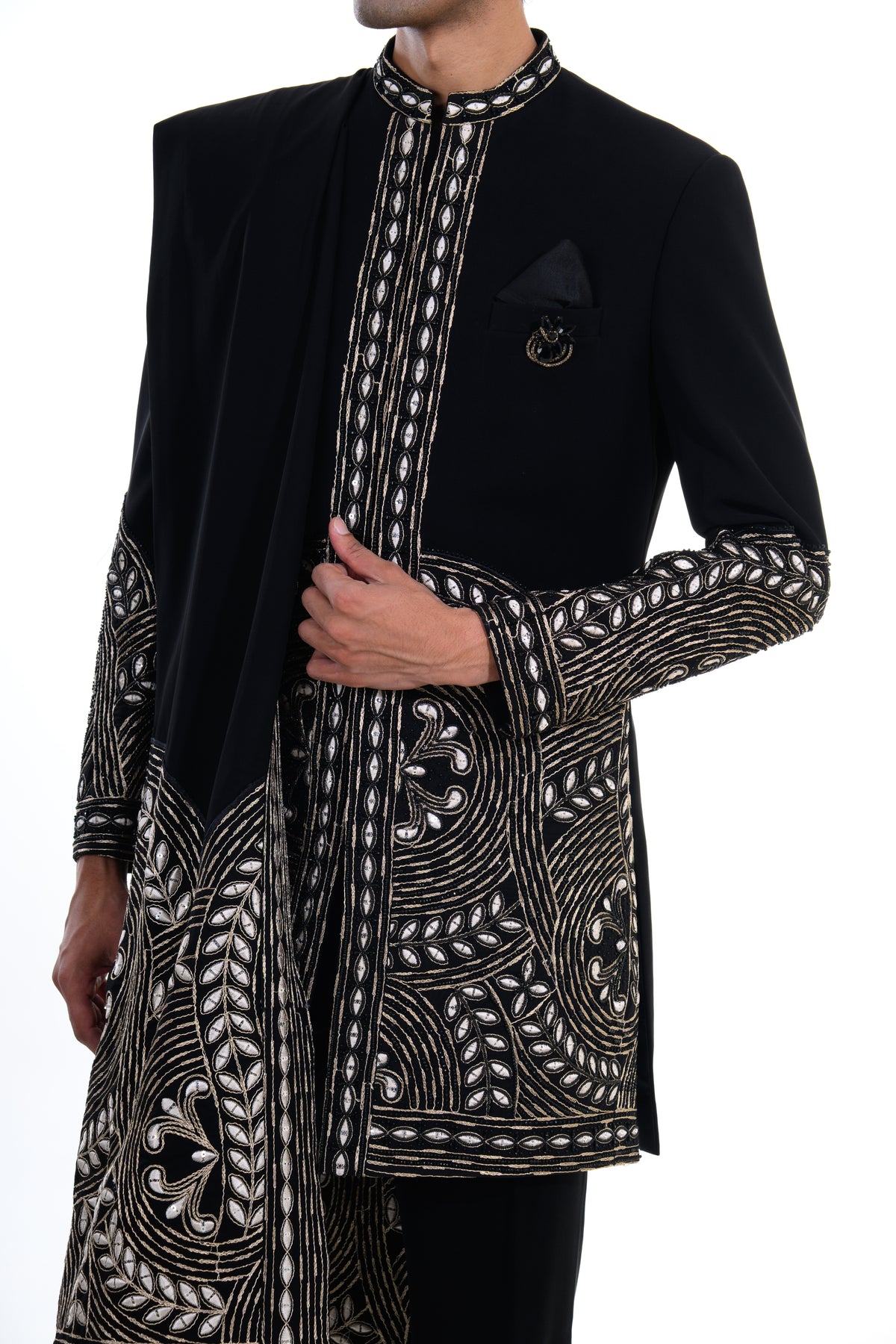 Midnight Black Embroidered Indo Western Set with Statement Stole