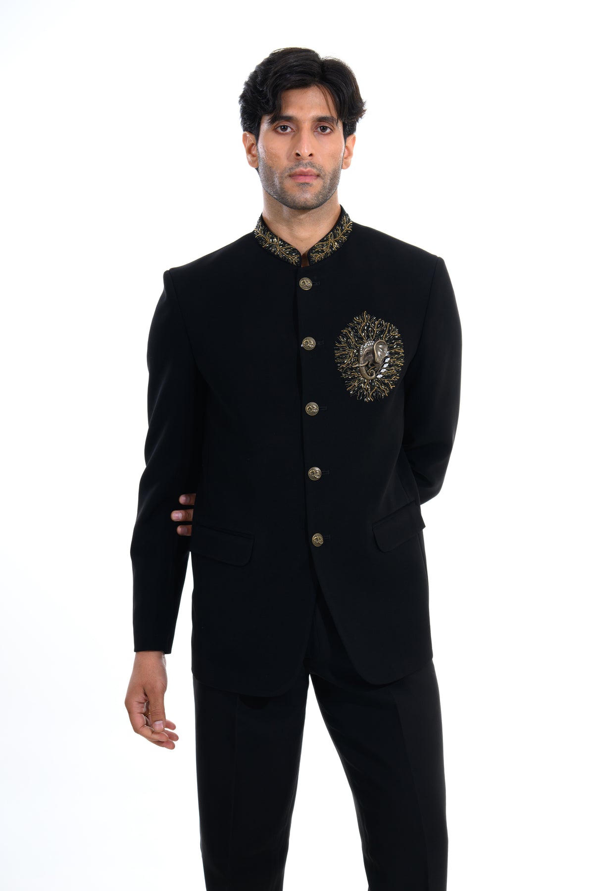 Noir Crest Embroidered Bandhgala Set