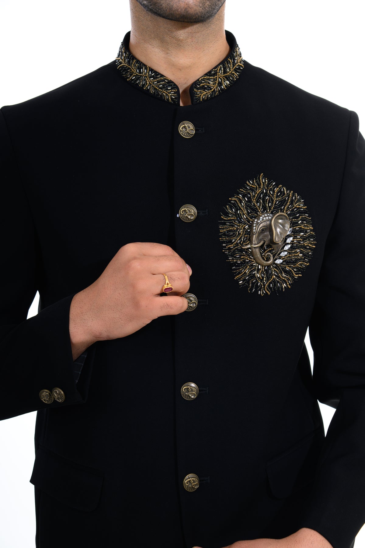 Noir Crest Embroidered Bandhgala Set