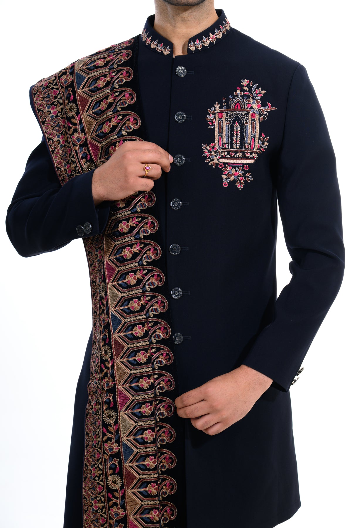 Blue Heritage Embroidered Indo Western Set with Stole