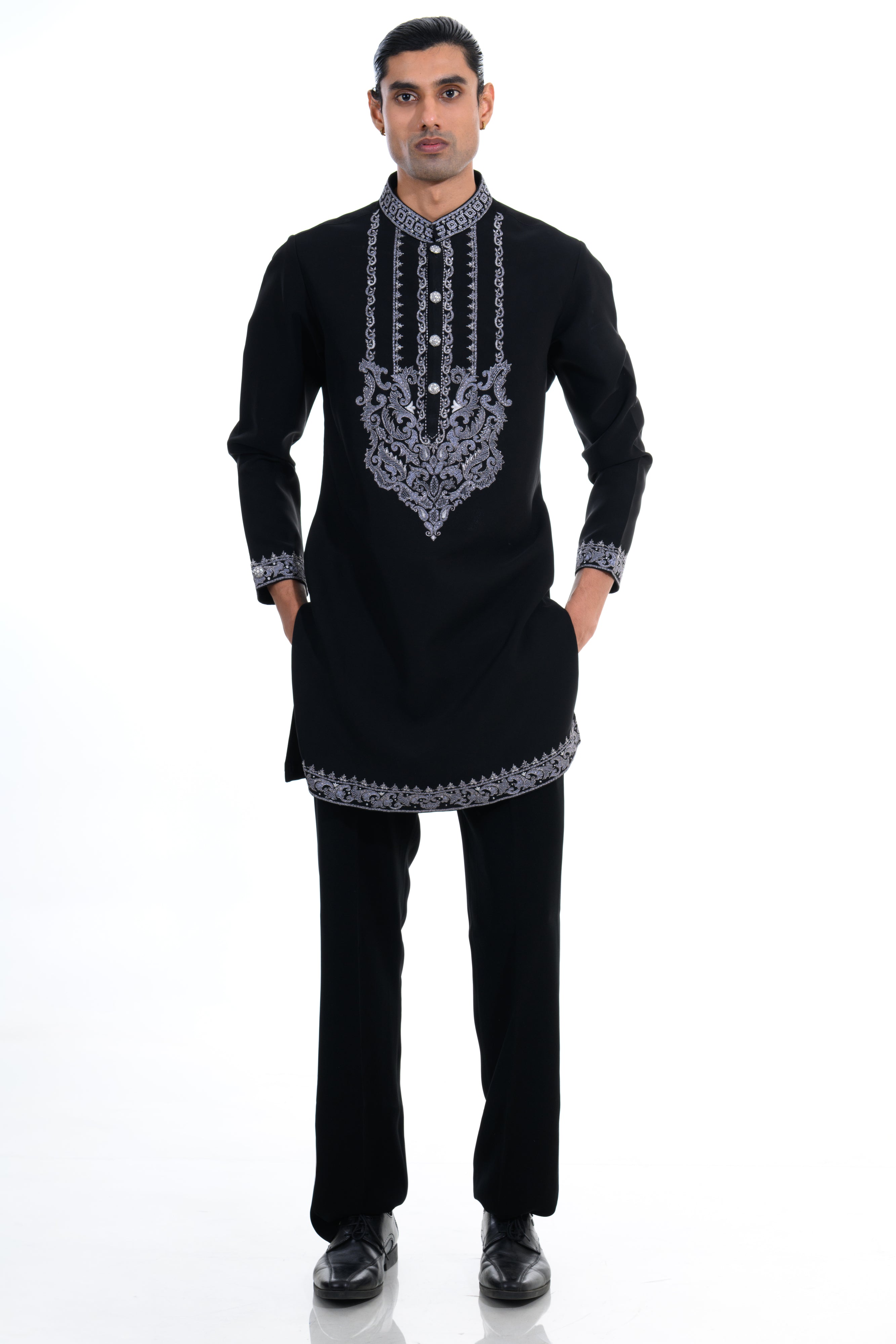 Midnight Noir Embroidered Kurta Set with Stole