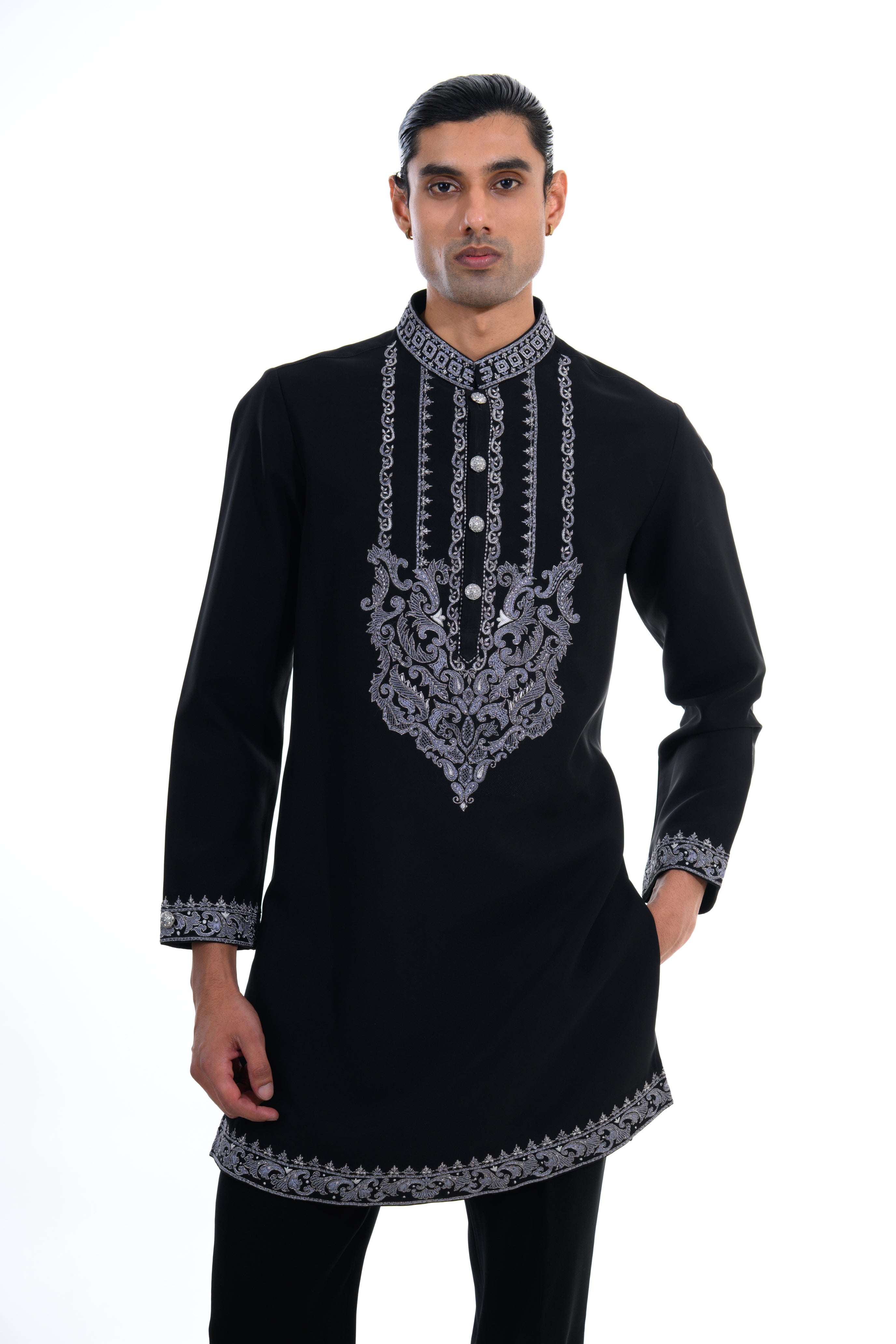 Midnight Noir Embroidered Kurta Set with Stole