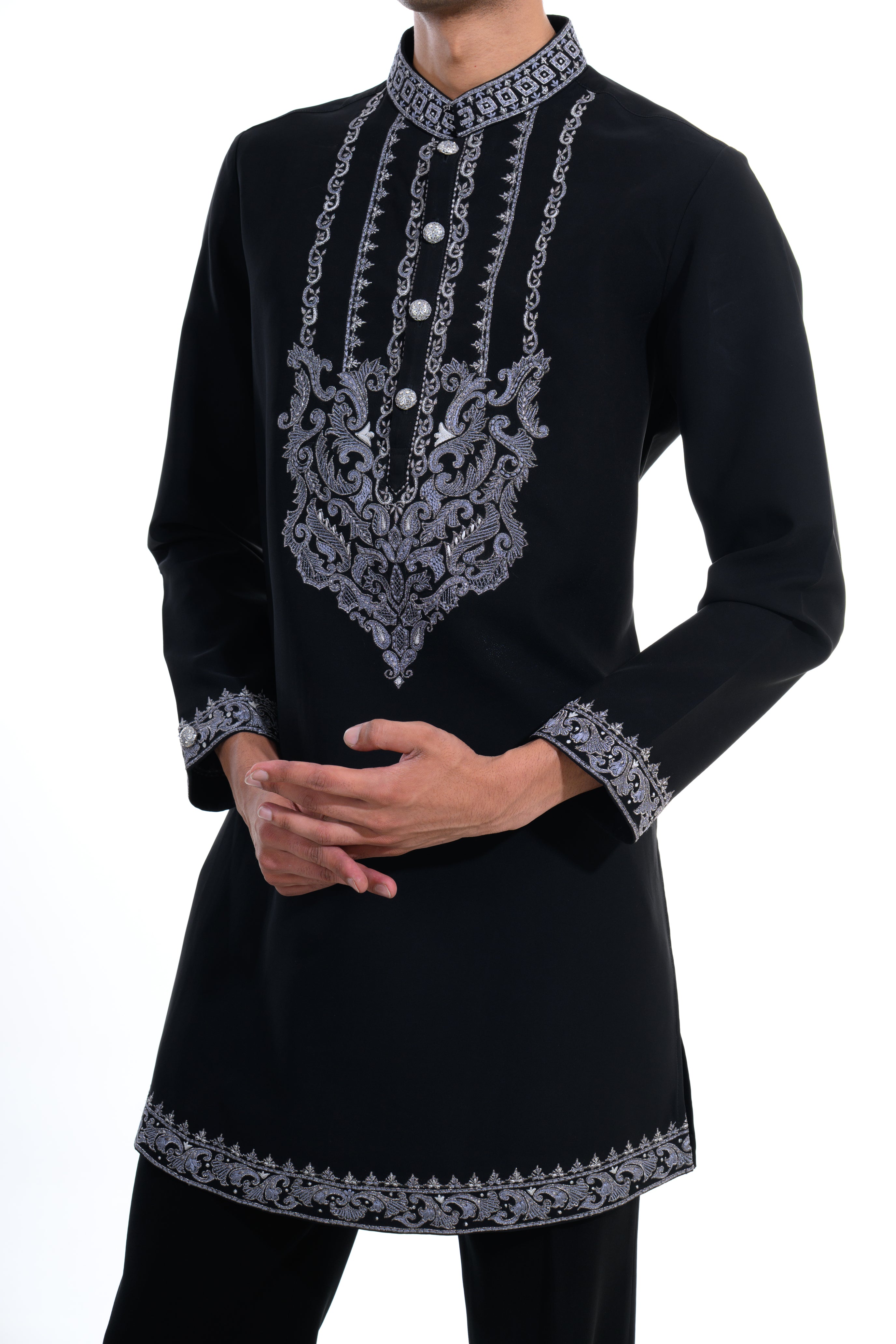 Midnight Noir Embroidered Kurta Set with Stole