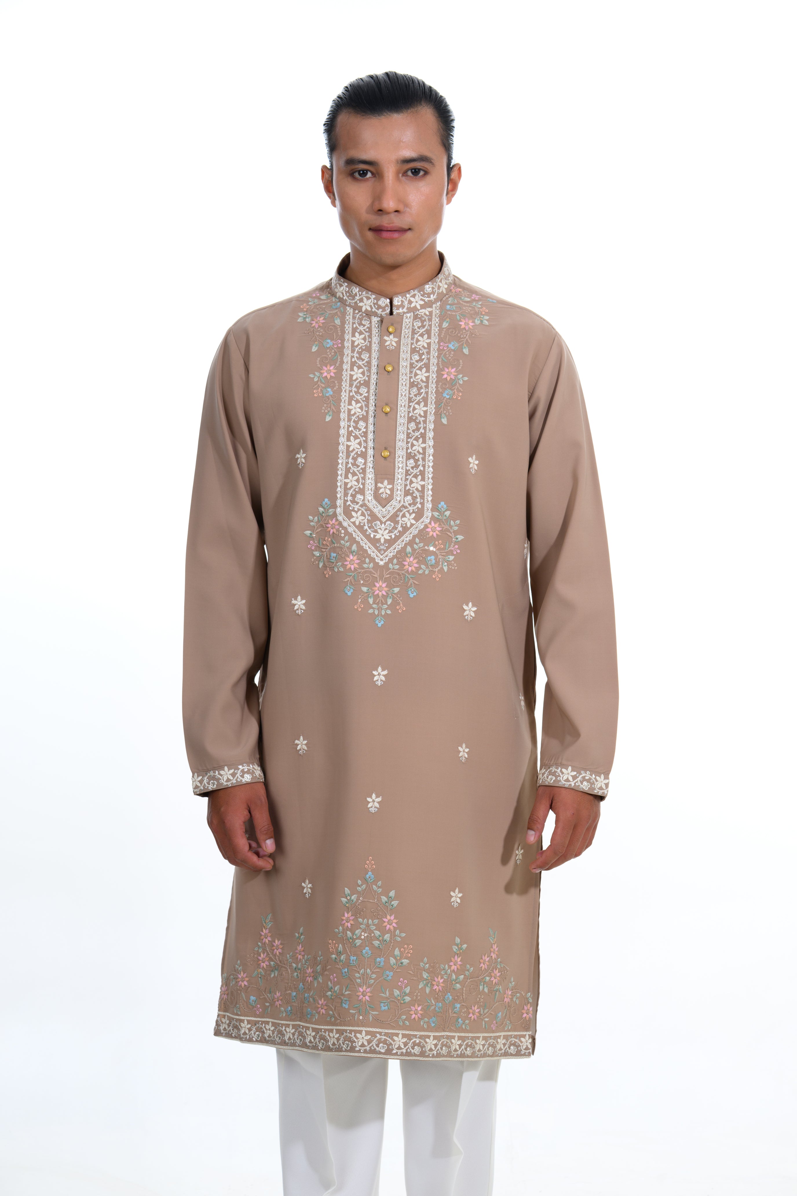 Stone Beige Floral Embroidered Kurta Set