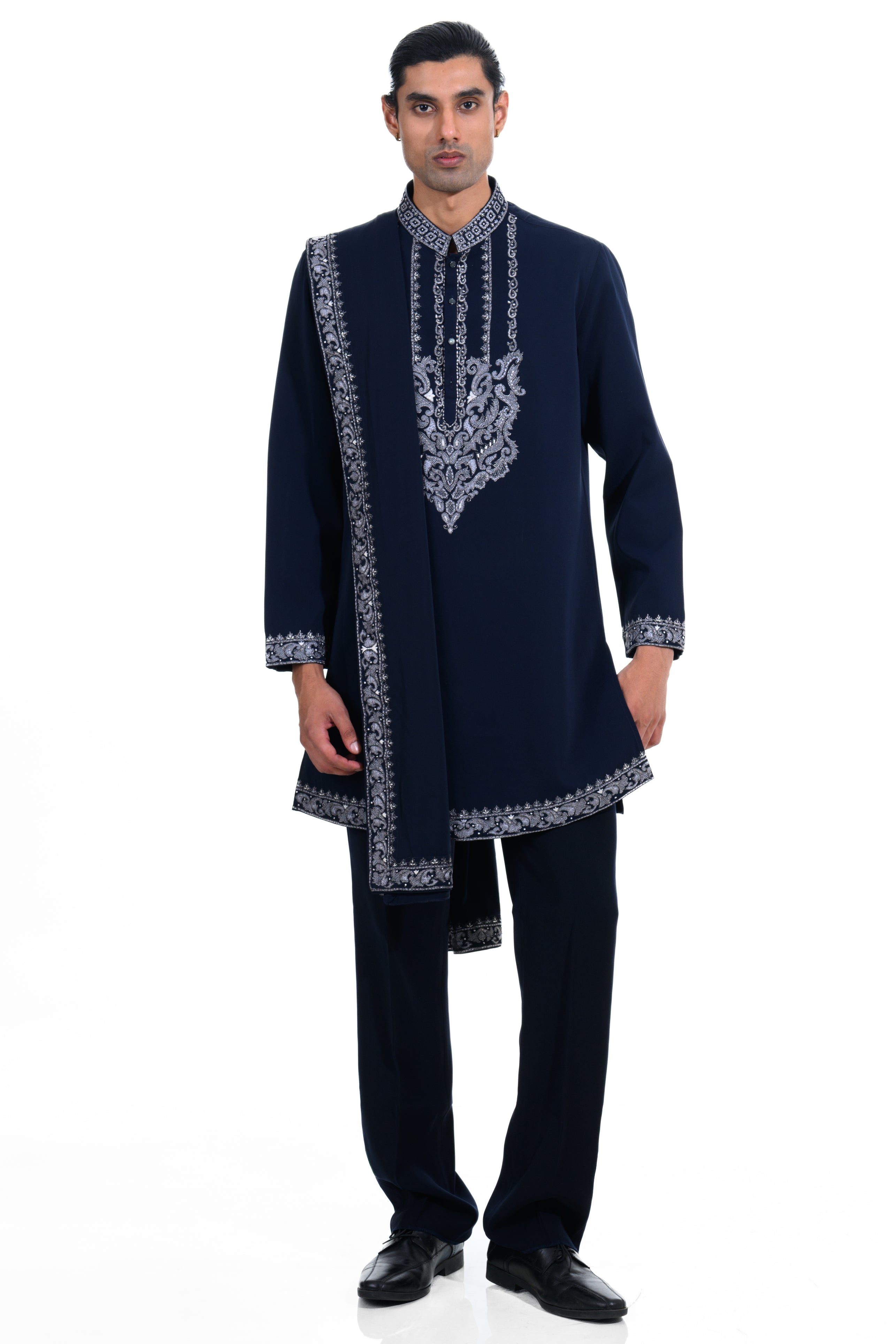 Midnight Navy Embroidered Kurta Set with Stole