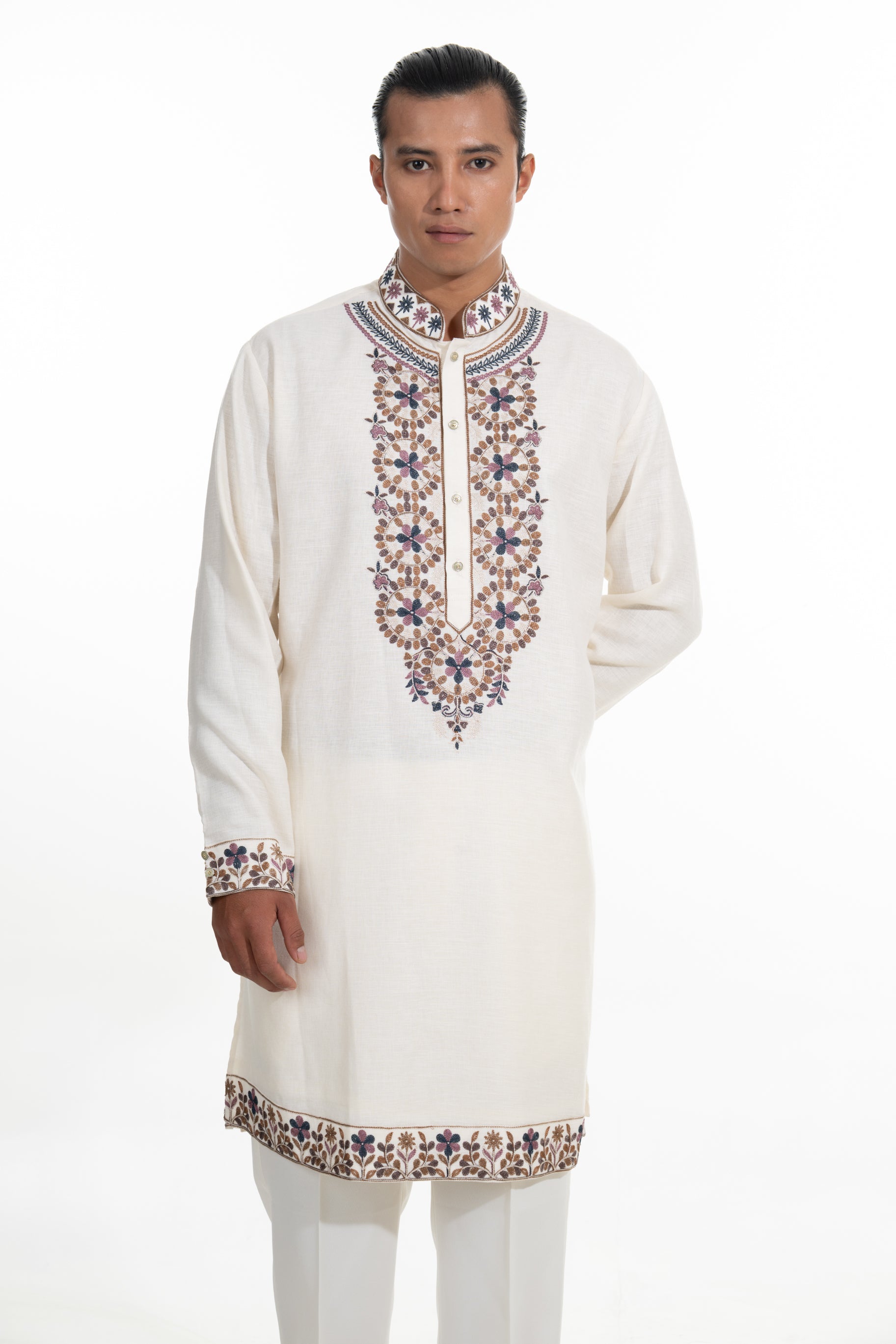 Cream Kashmiri Embroidered Kurta Set