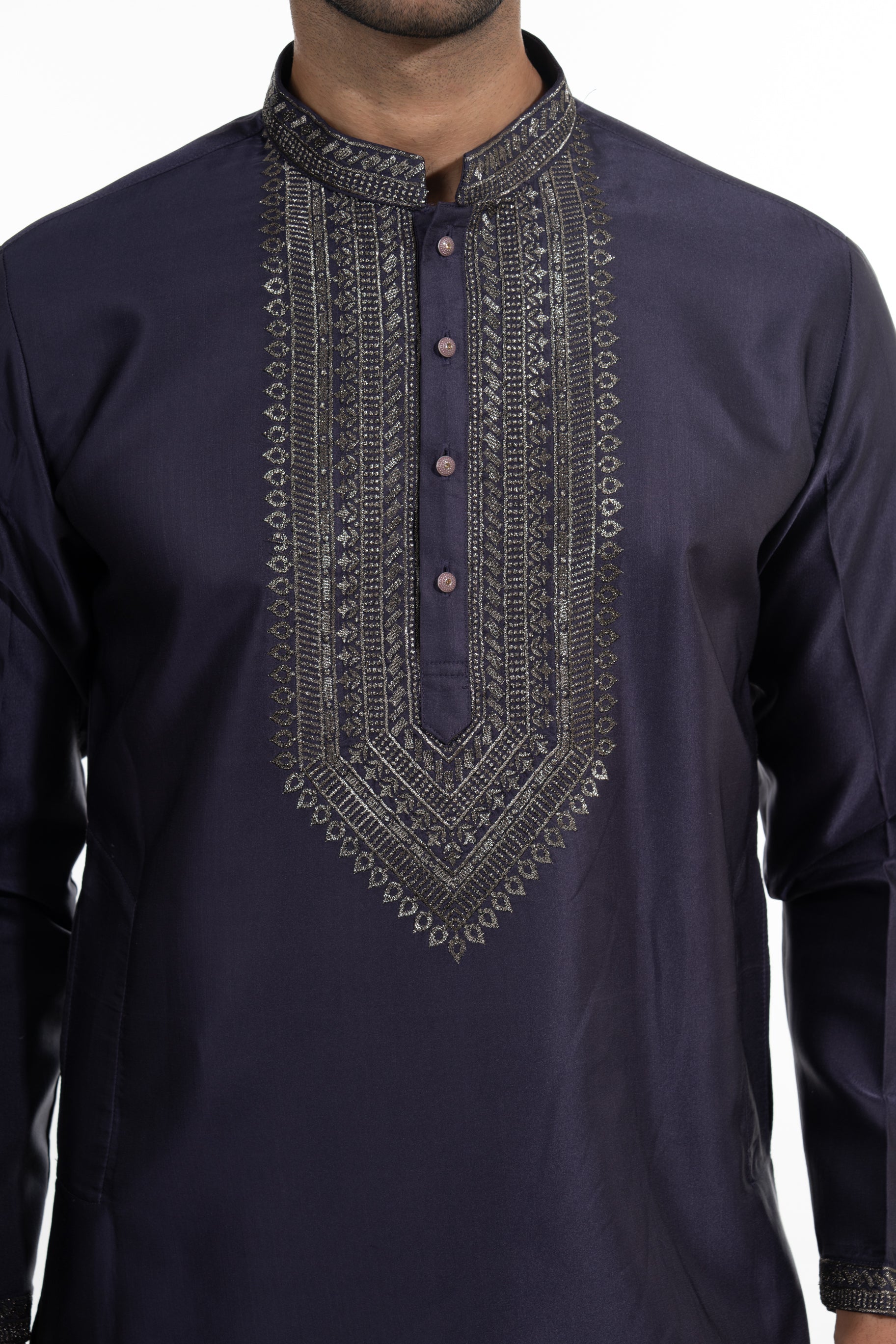 Midnight Indigo Heritage Motif Kurta Set with Embroidered Stole