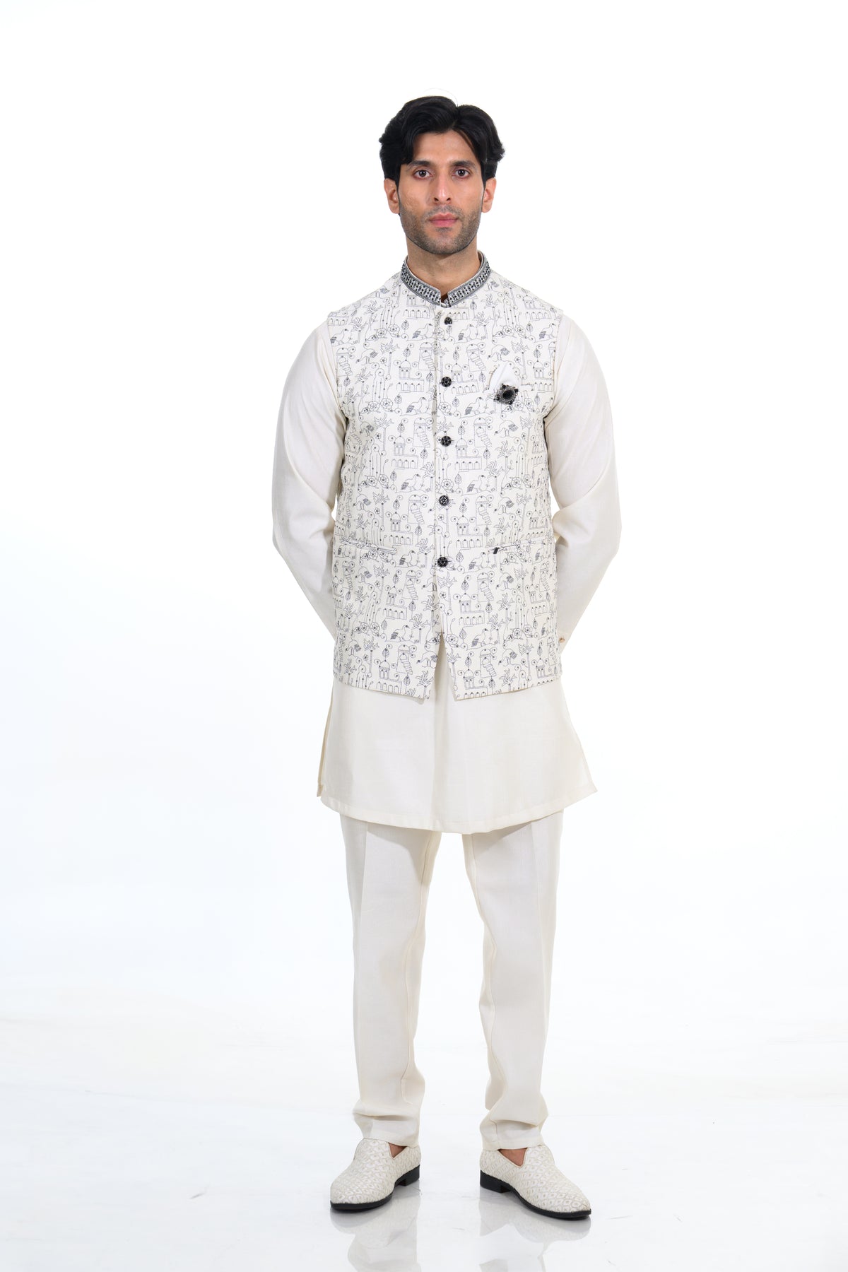 Cream Heritage Printed Bundi Kurta Set