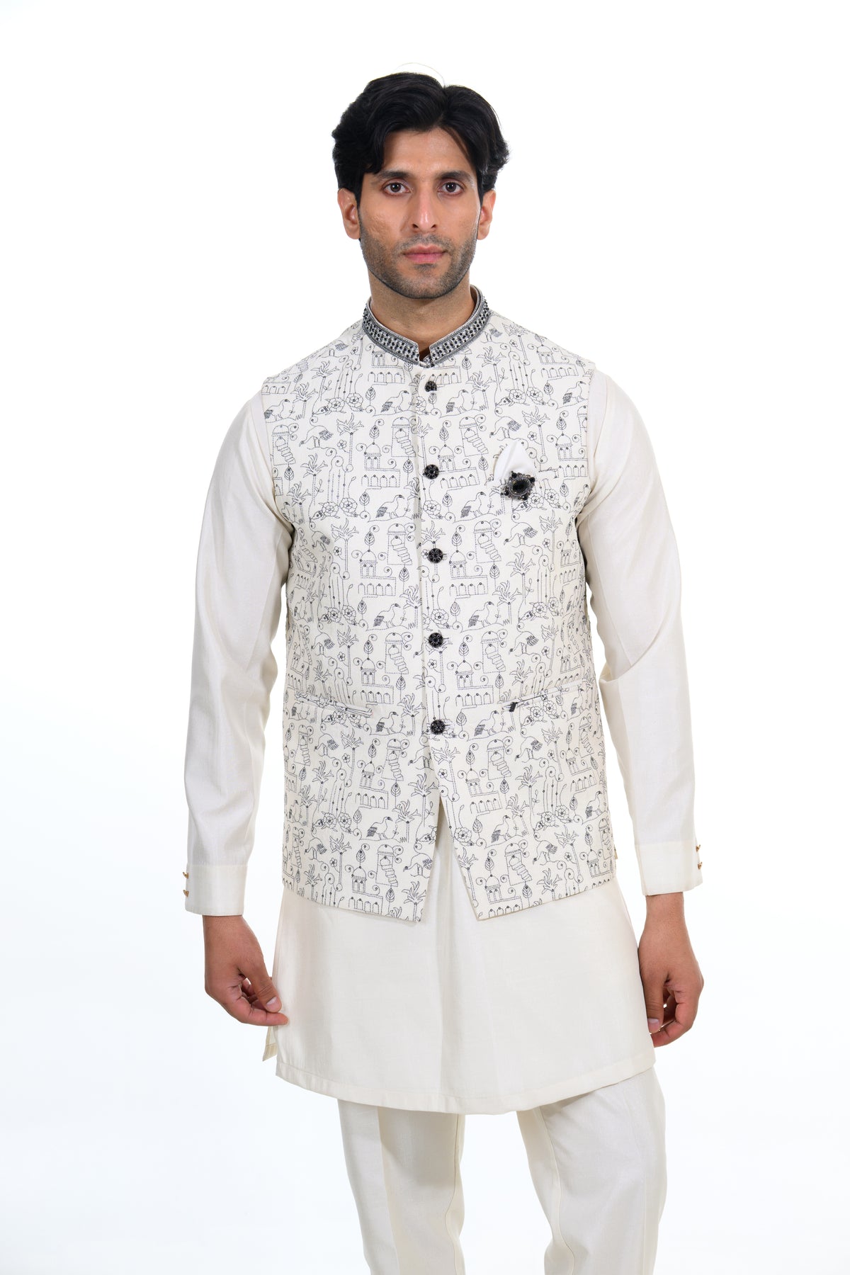 Cream Heritage Printed Bundi Kurta Set