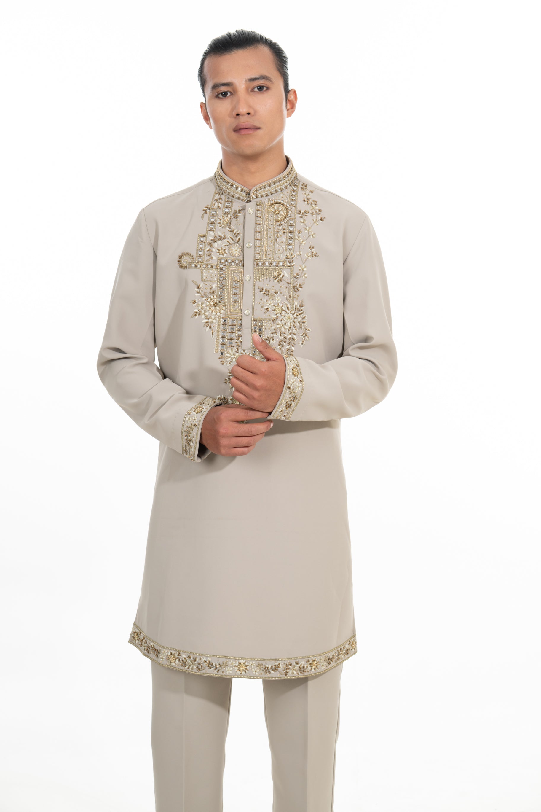 Stone Beige Mirror Embroidered Kurta Set