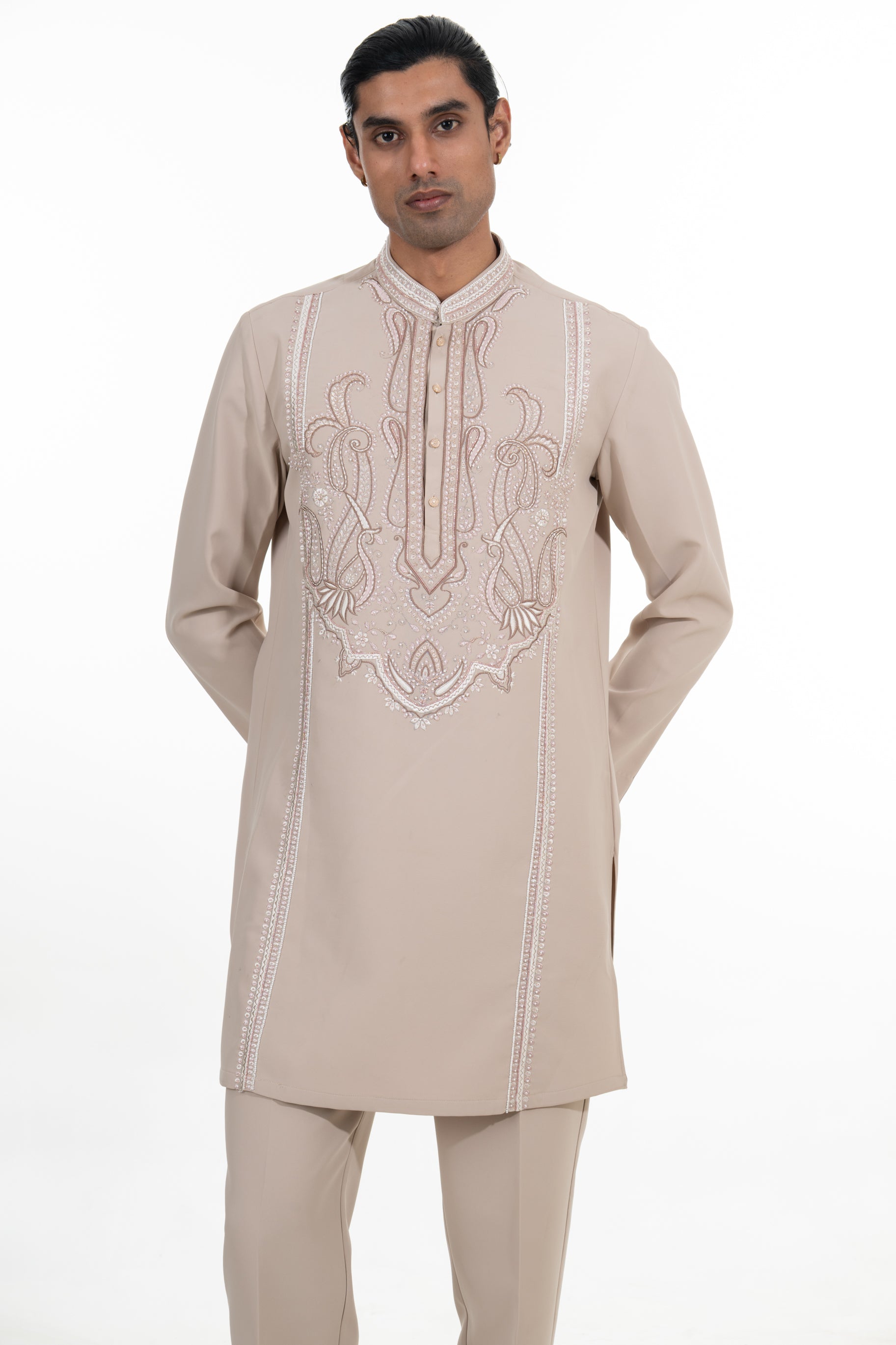 Stone Beige Ornate Embroidered Kurta Set