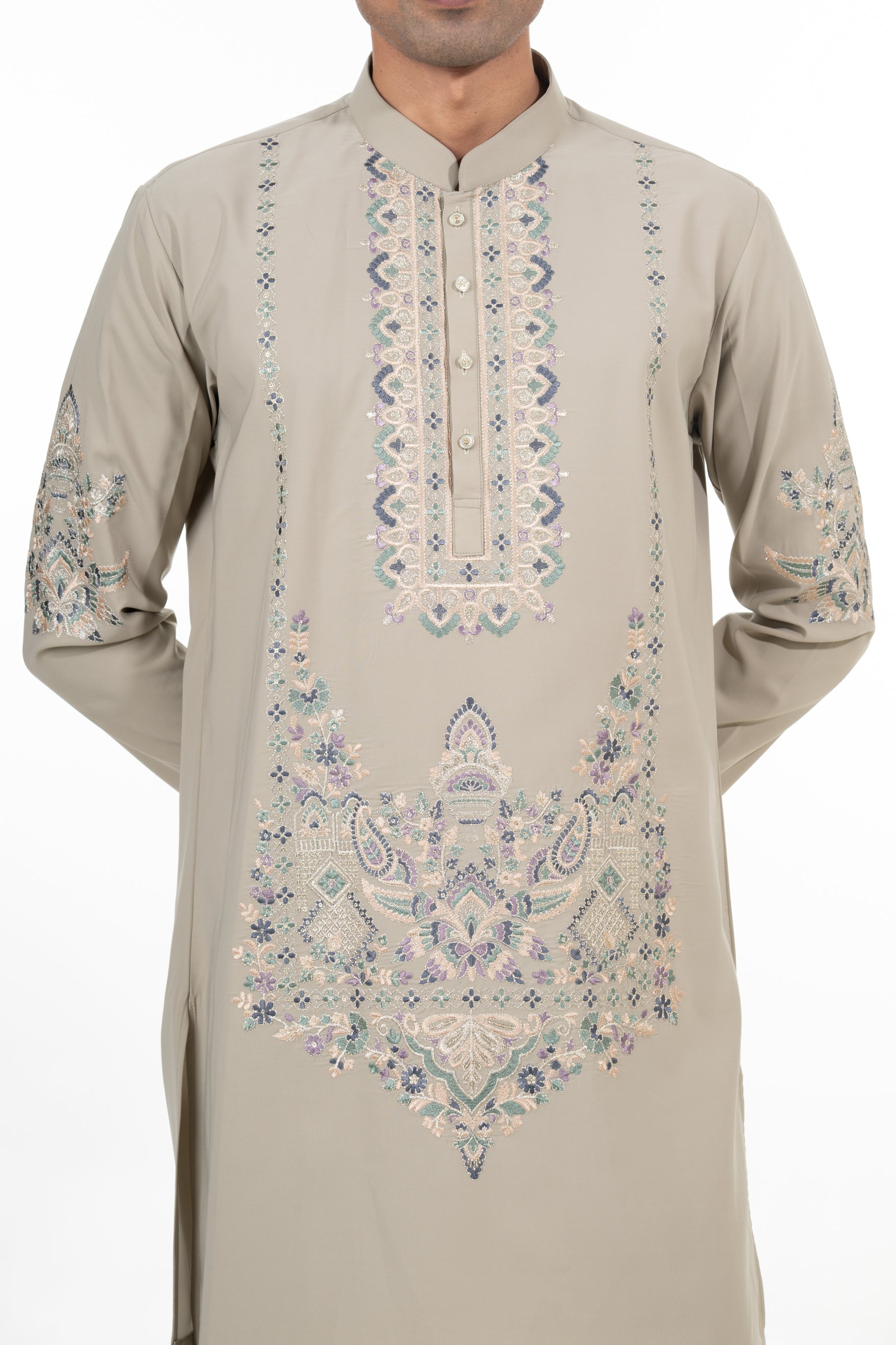 Stone Grey Ornate Embroidered Kurta Set
