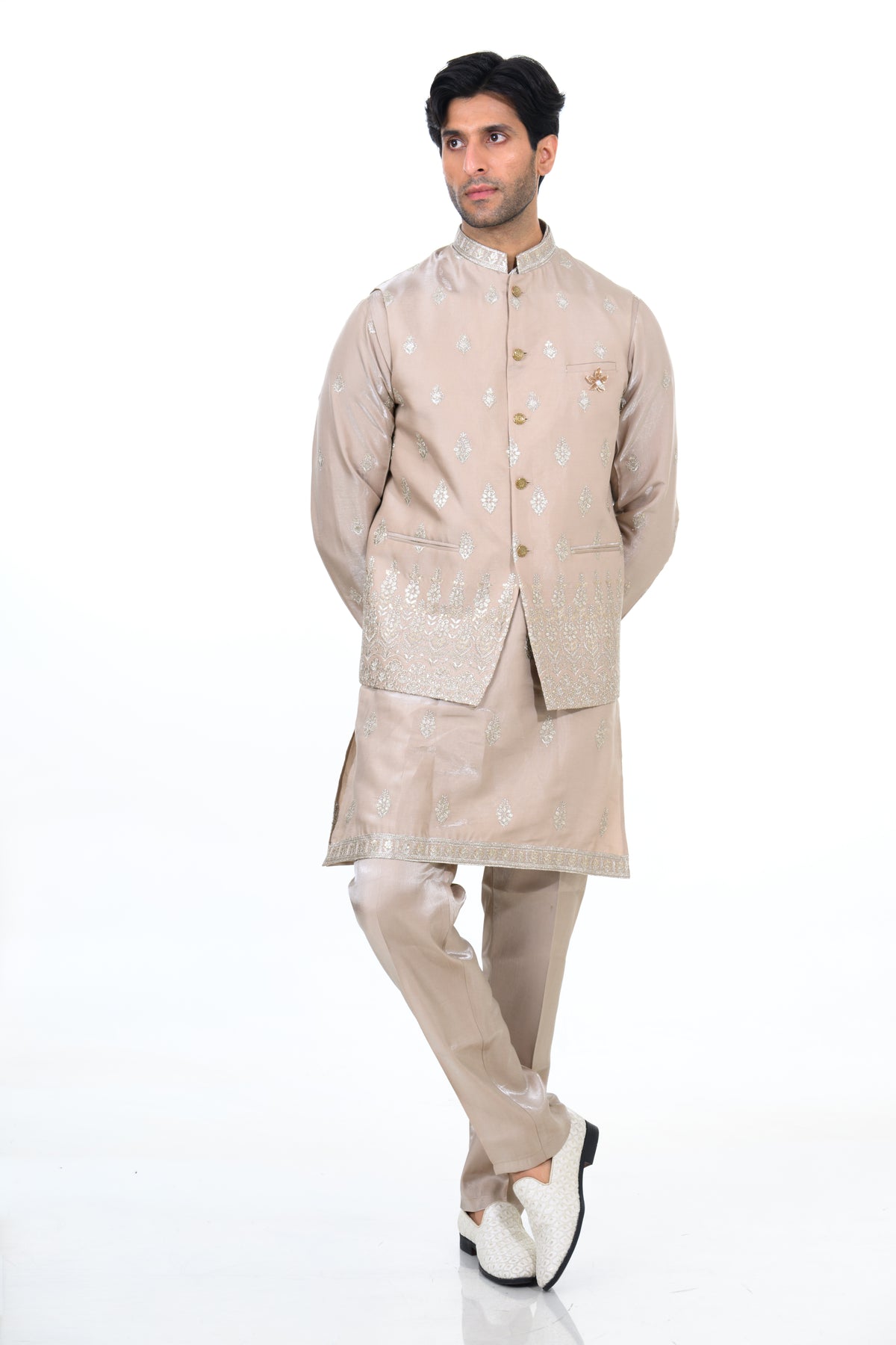Champagne Embroidered Kurta Jacket Set