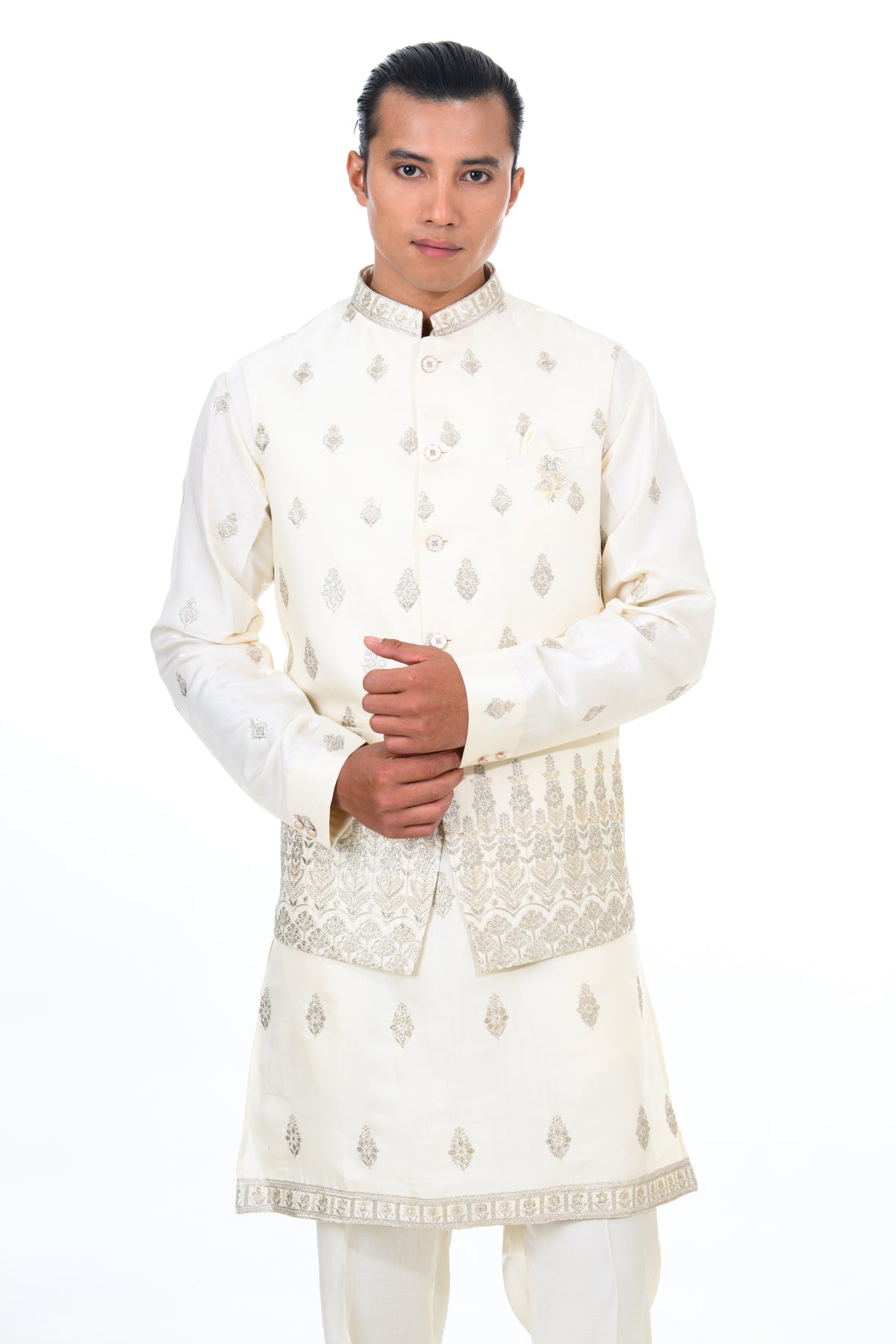 Cream Embroidered Kurta Jacket Set