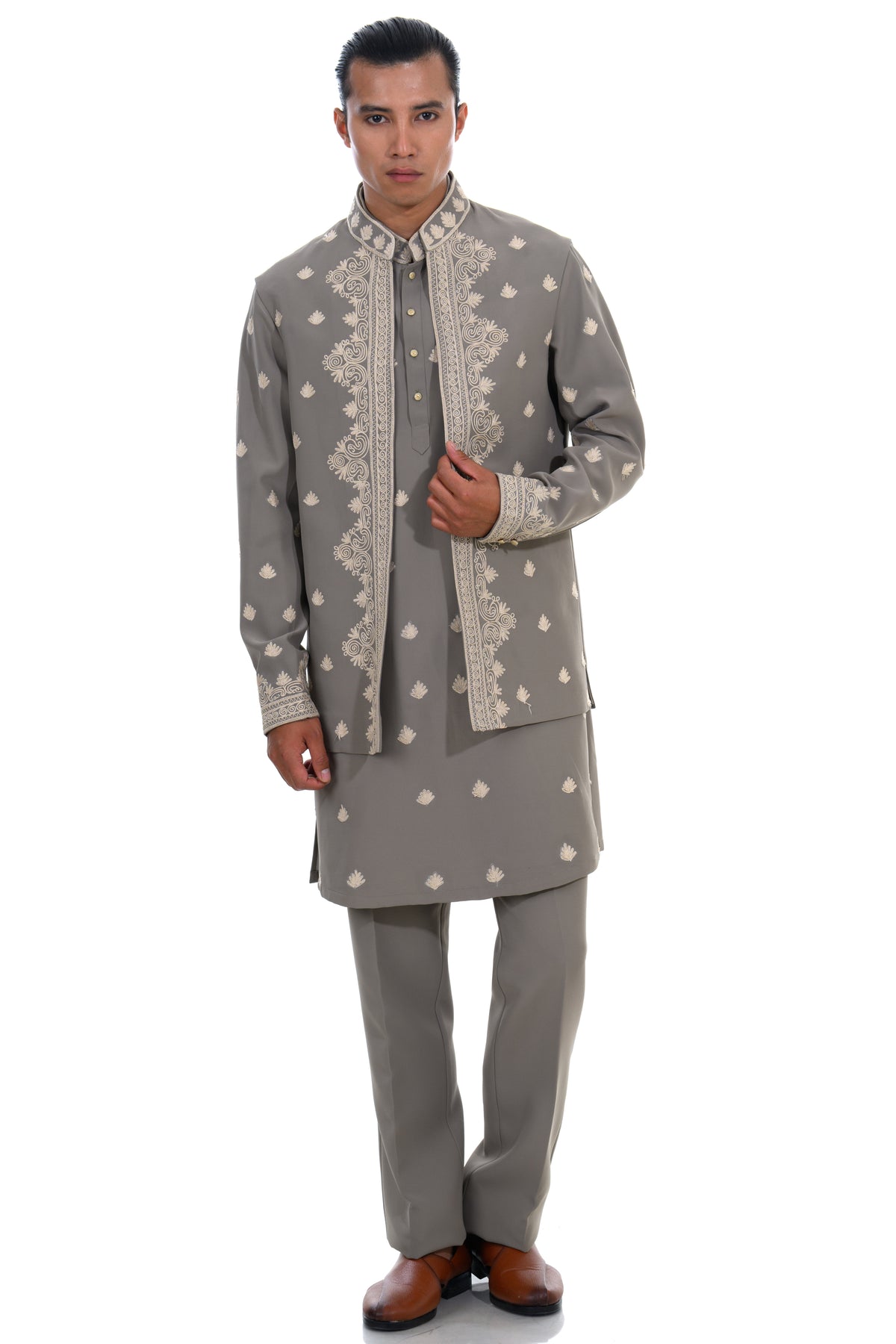 Olive Embroidered Indo Western Set