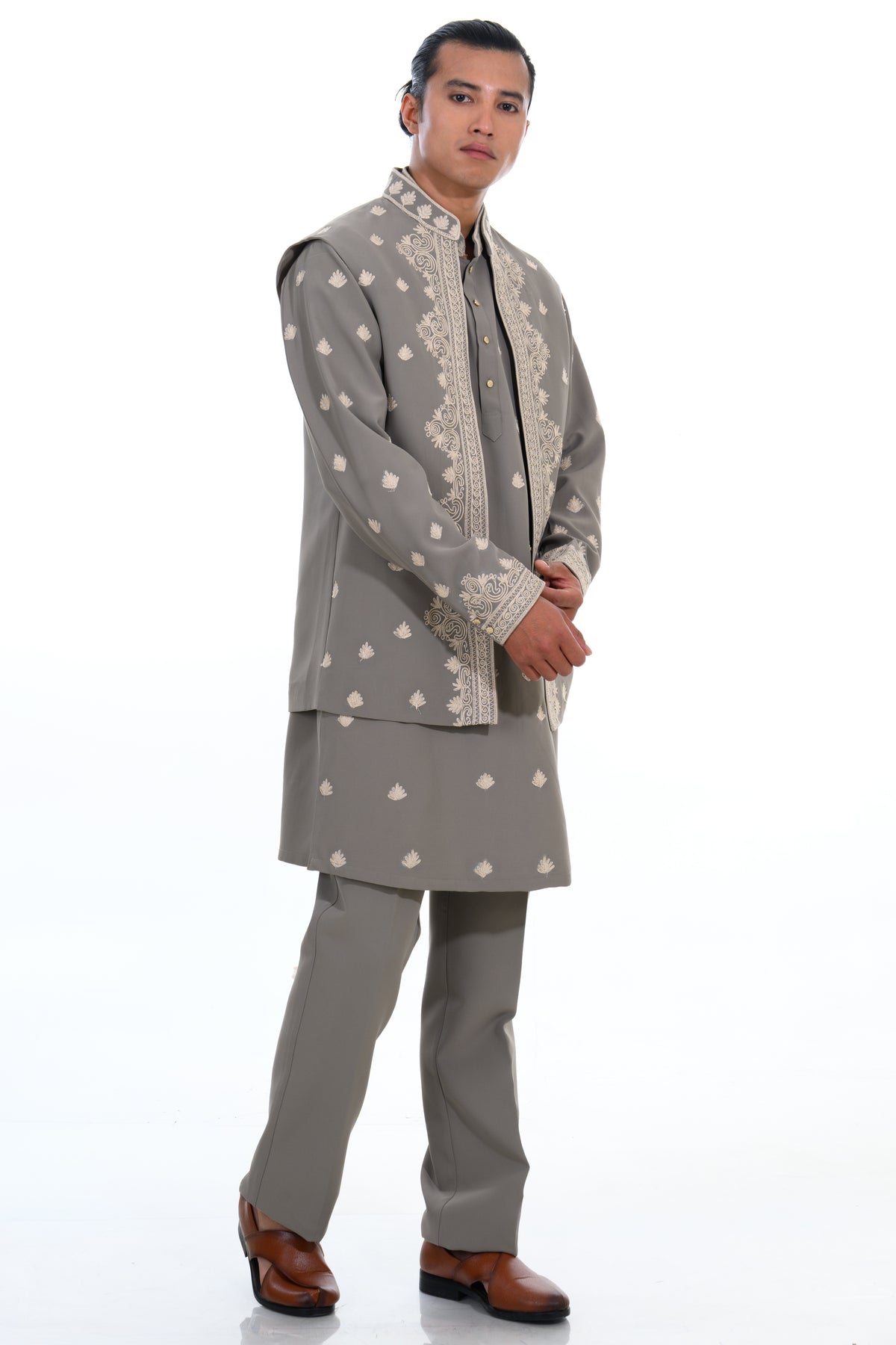 Olive Embroidered Indo Western Set