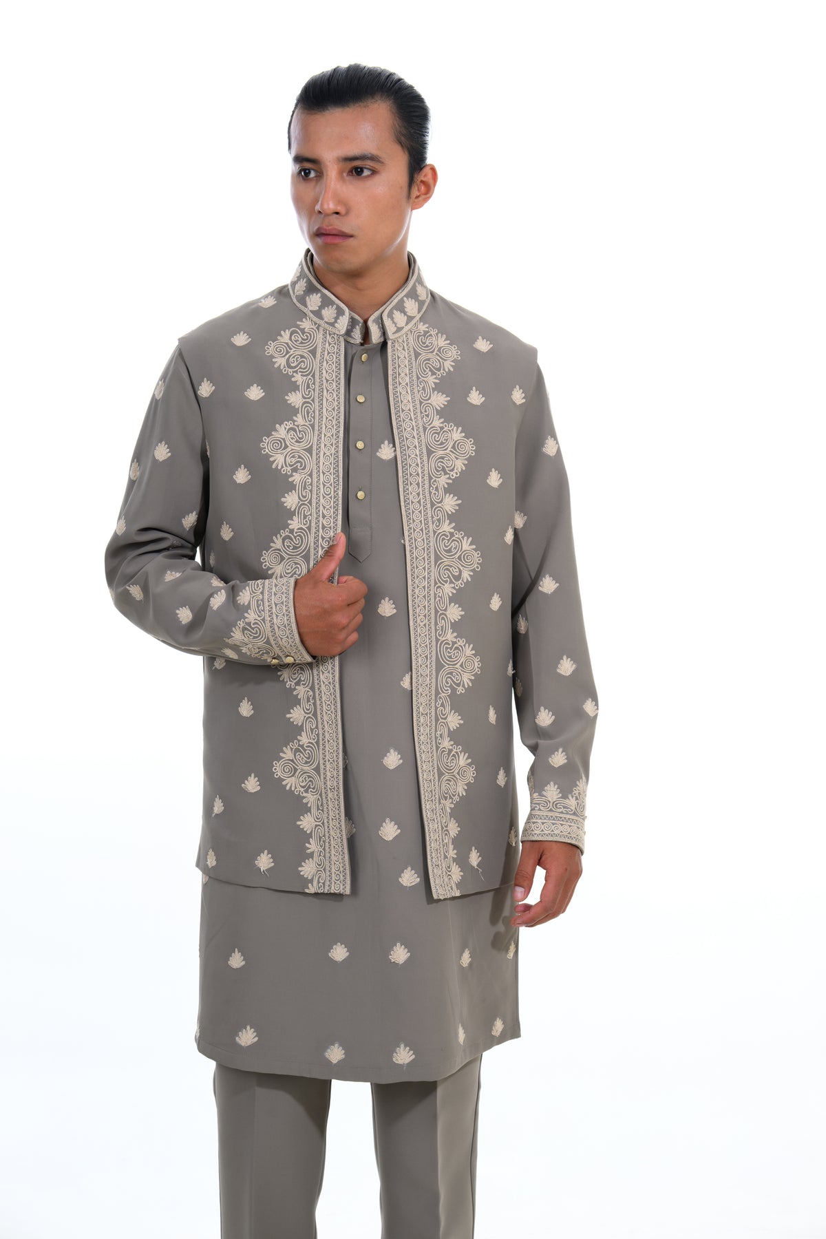 Olive Embroidered Indo Western Set