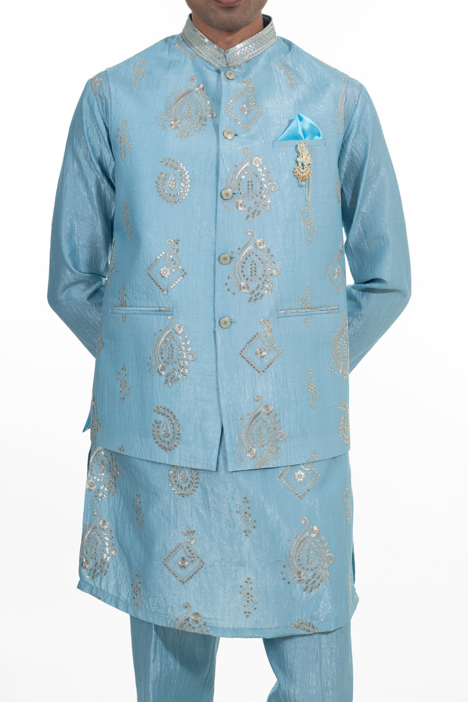 Sky Blue Embroidered Kurta Jacket Set