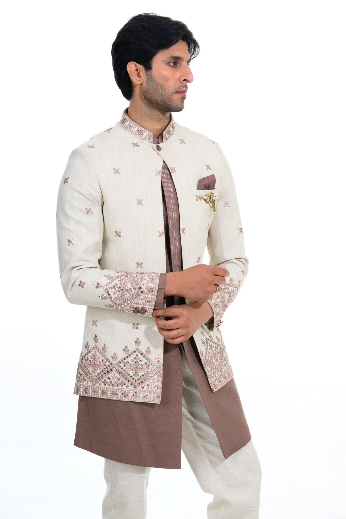 Ivory & Mocha Embroidered Short Indo Jacket Set