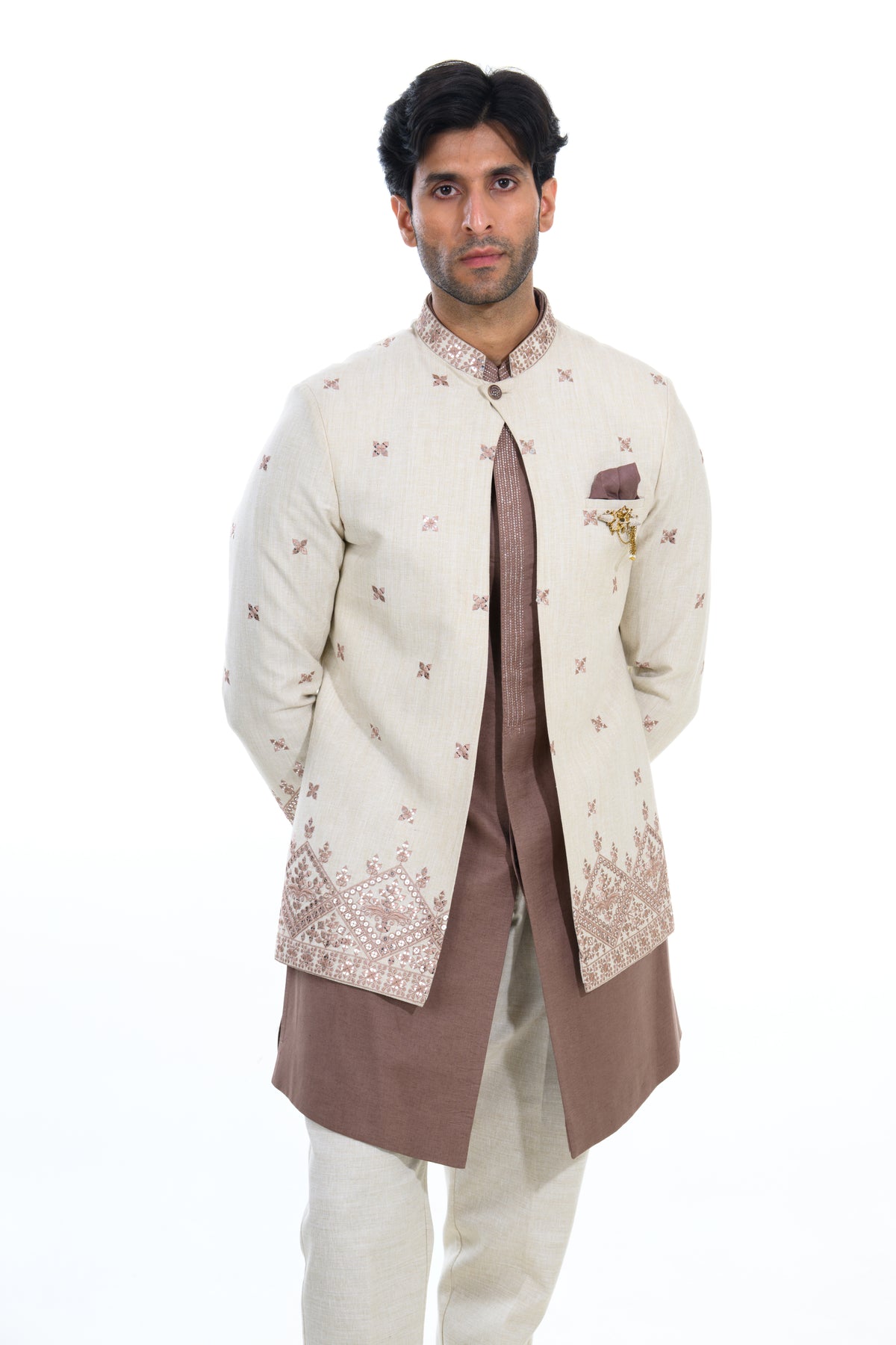 Ivory & Mocha Embroidered Short Indo Jacket Set