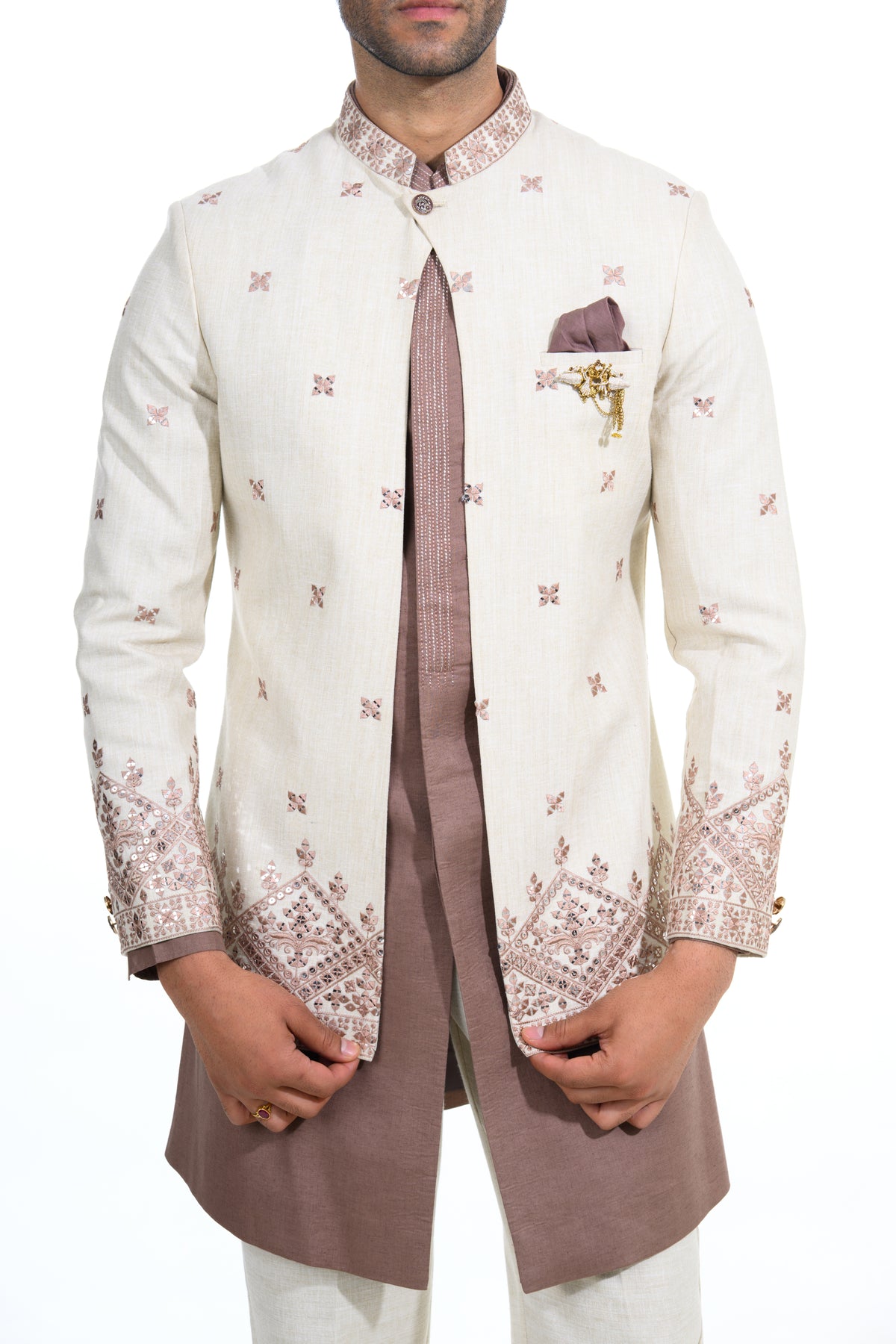 Ivory & Mocha Embroidered Short Indo Jacket Set