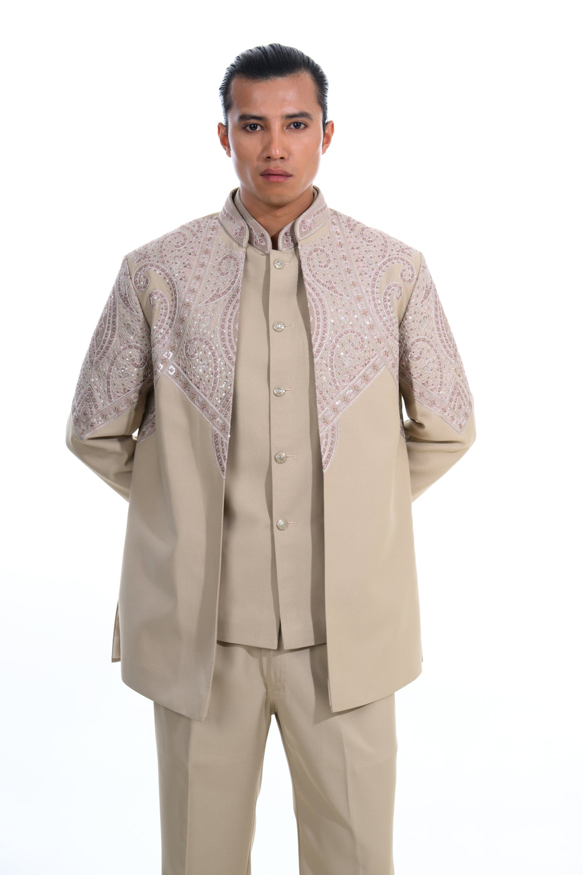 Champagne Embroidered Indo Western Set