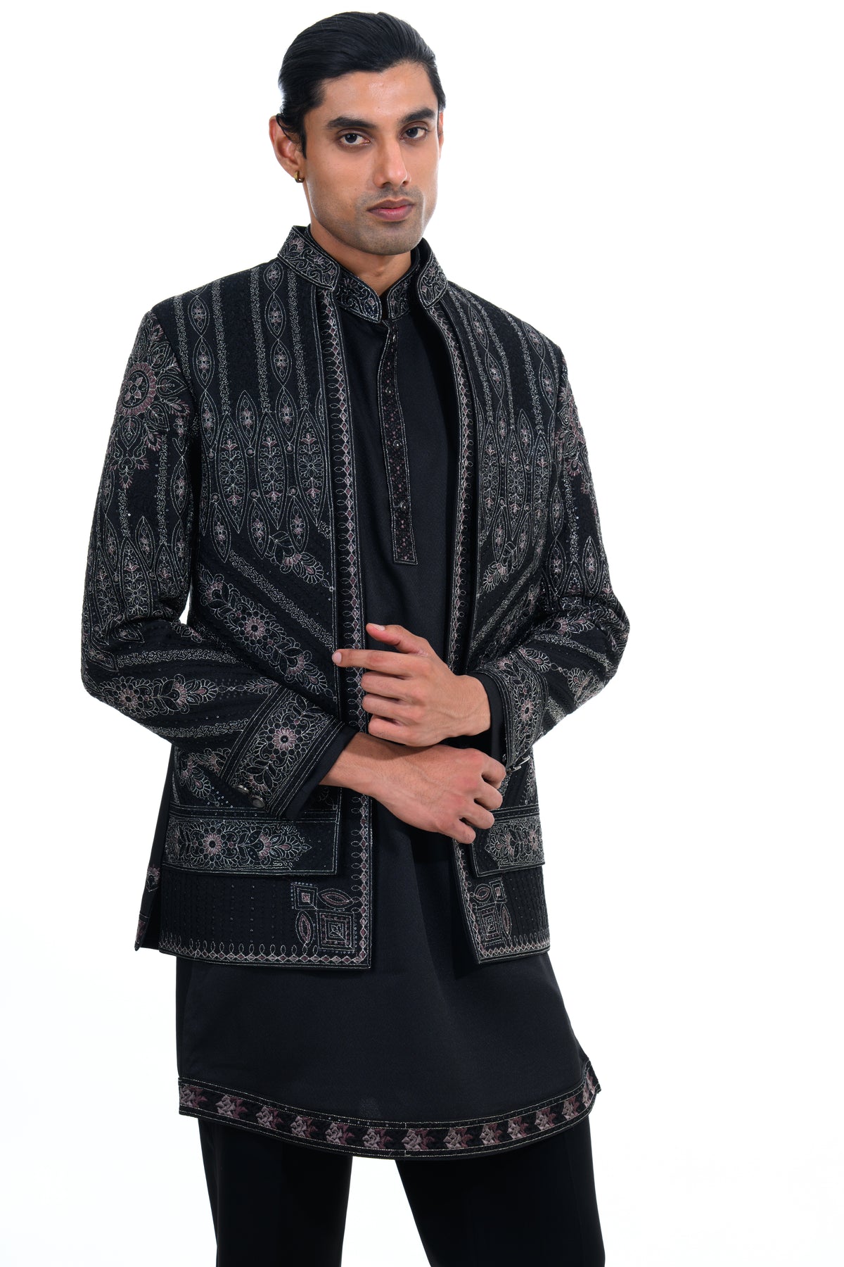 Black Embroidered Indo Western Set