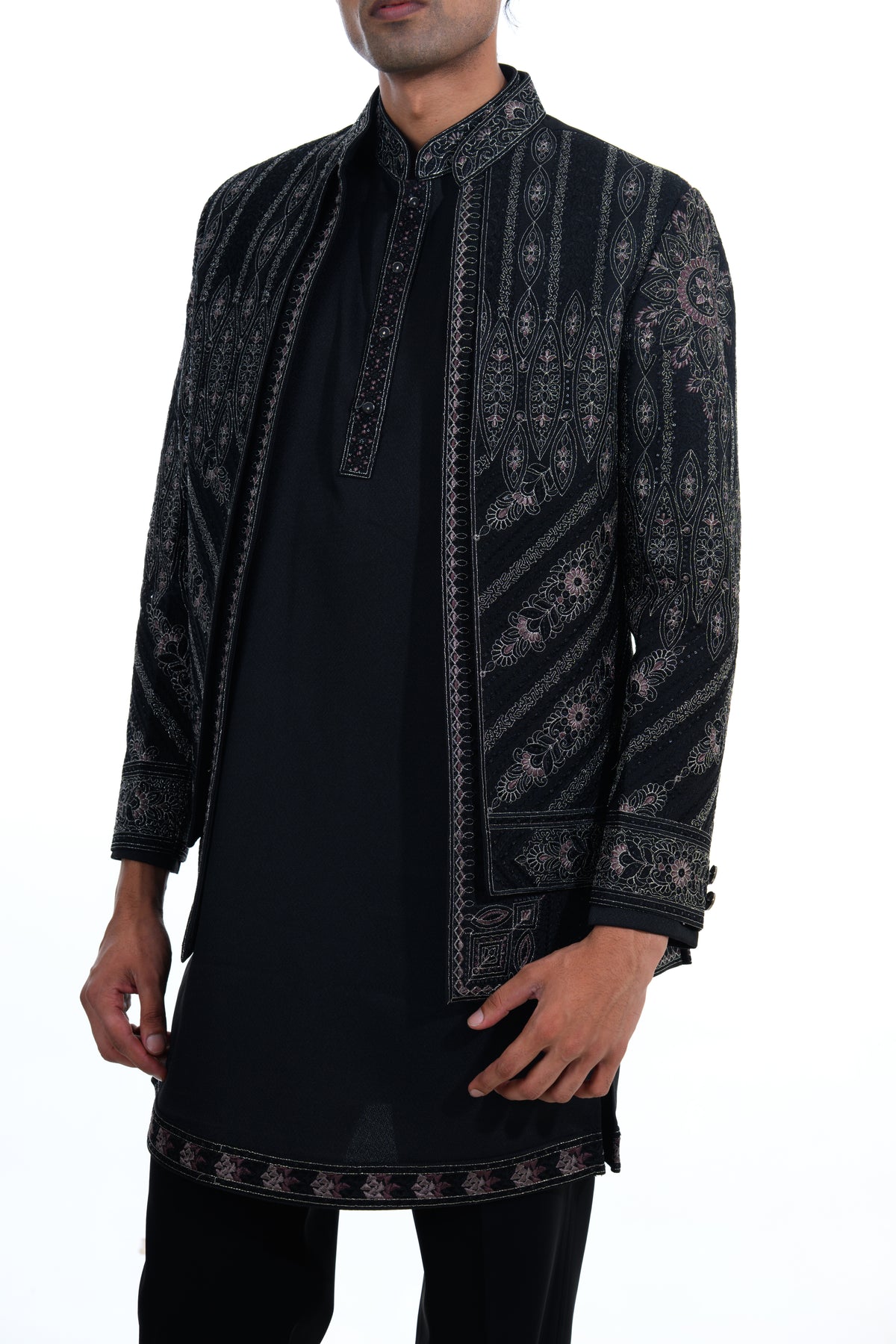 Black Embroidered Indo Western Set