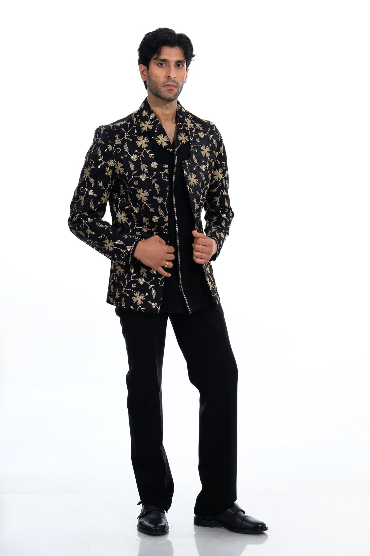 Midnight Black Floral Embroidered Indo Western Set