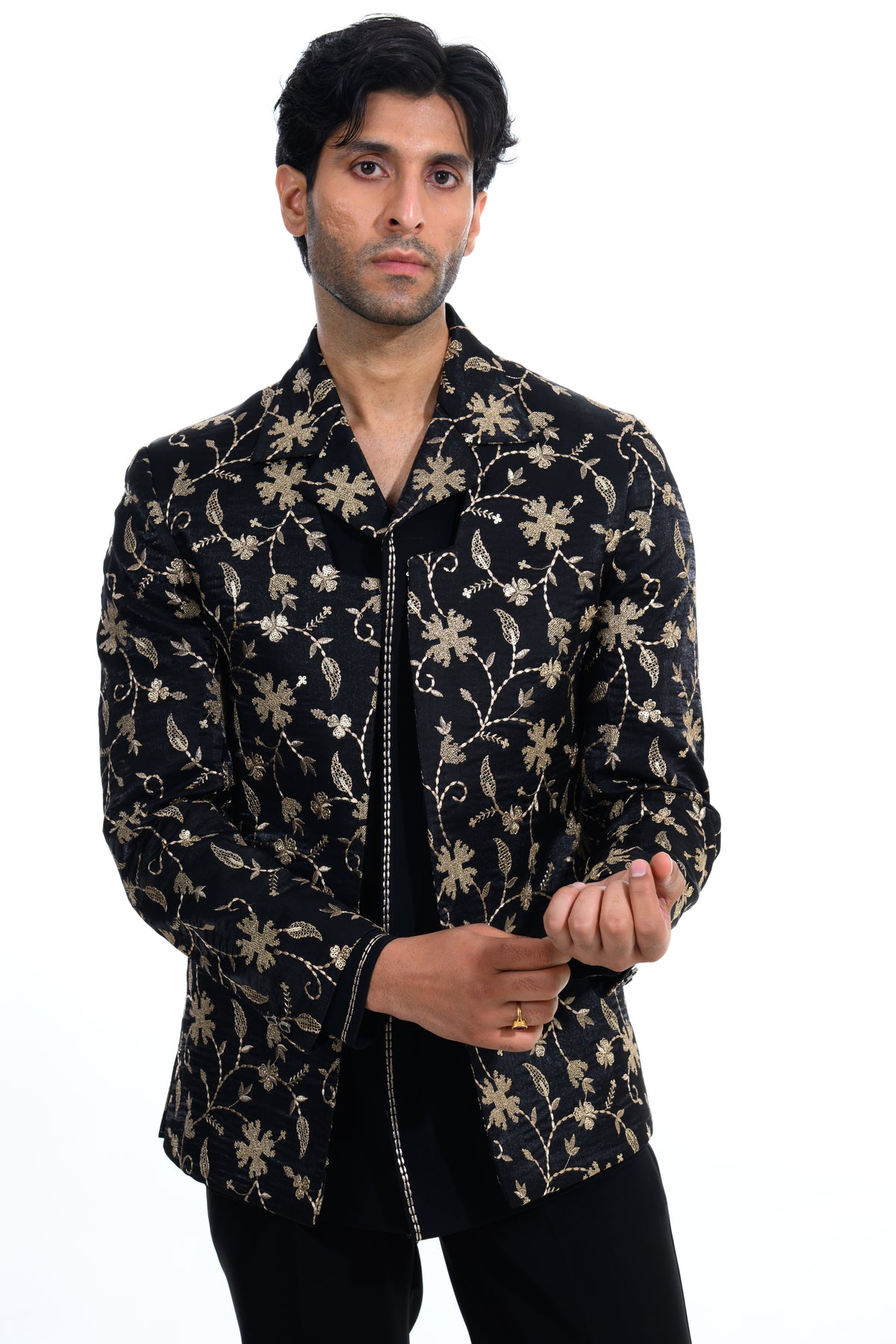 Midnight Black Floral Embroidered Indo Western Set