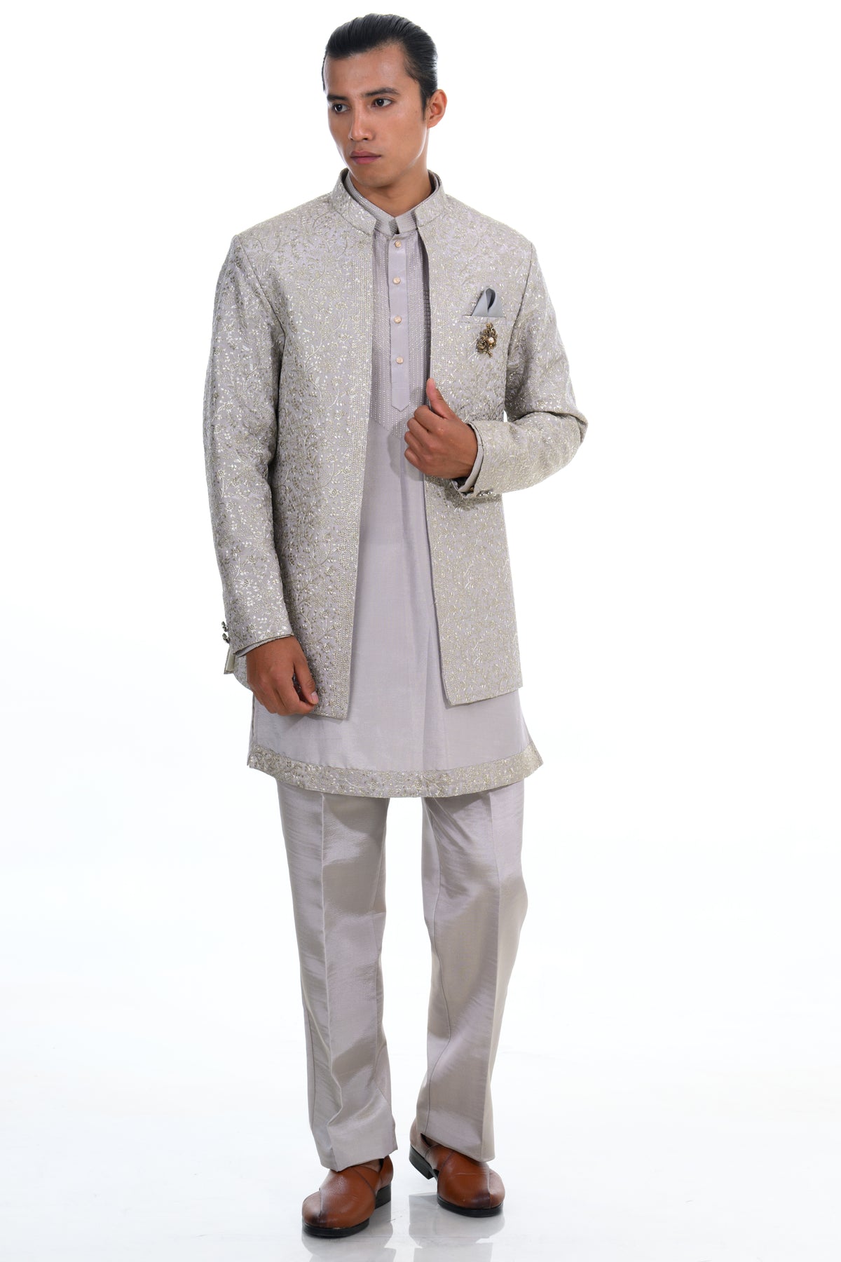 grey Embroidered Indo-Western Jacket Set