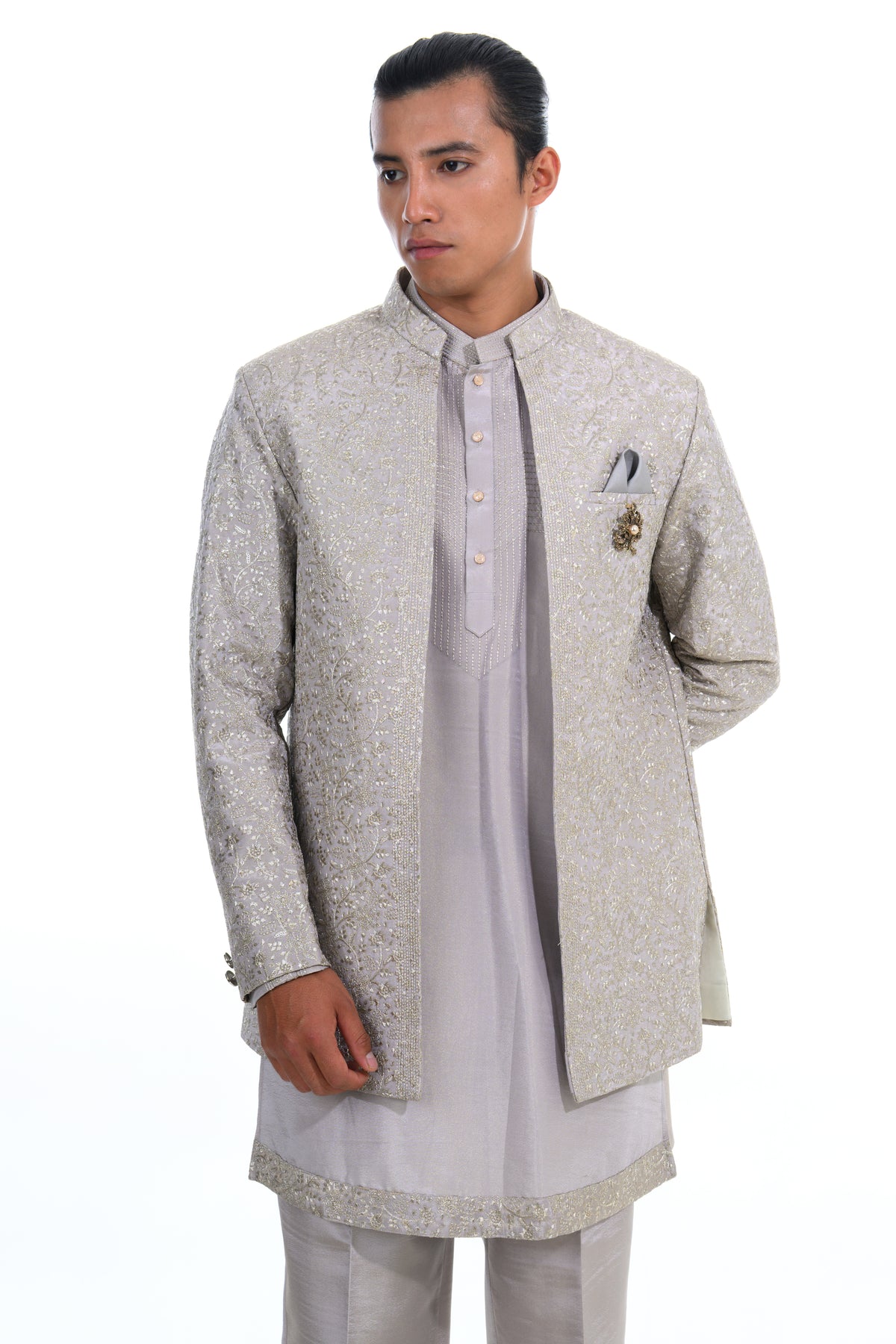 grey Embroidered Indo-Western Jacket Set