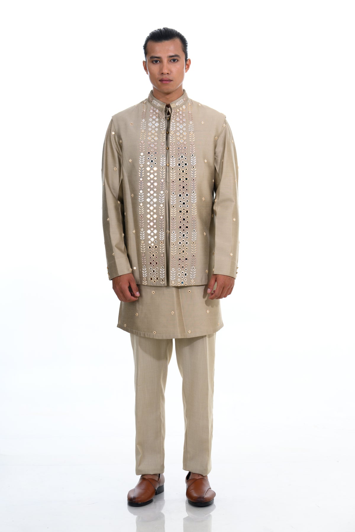 Fawn Mirror Embroidered Indo-Western Jacket Set